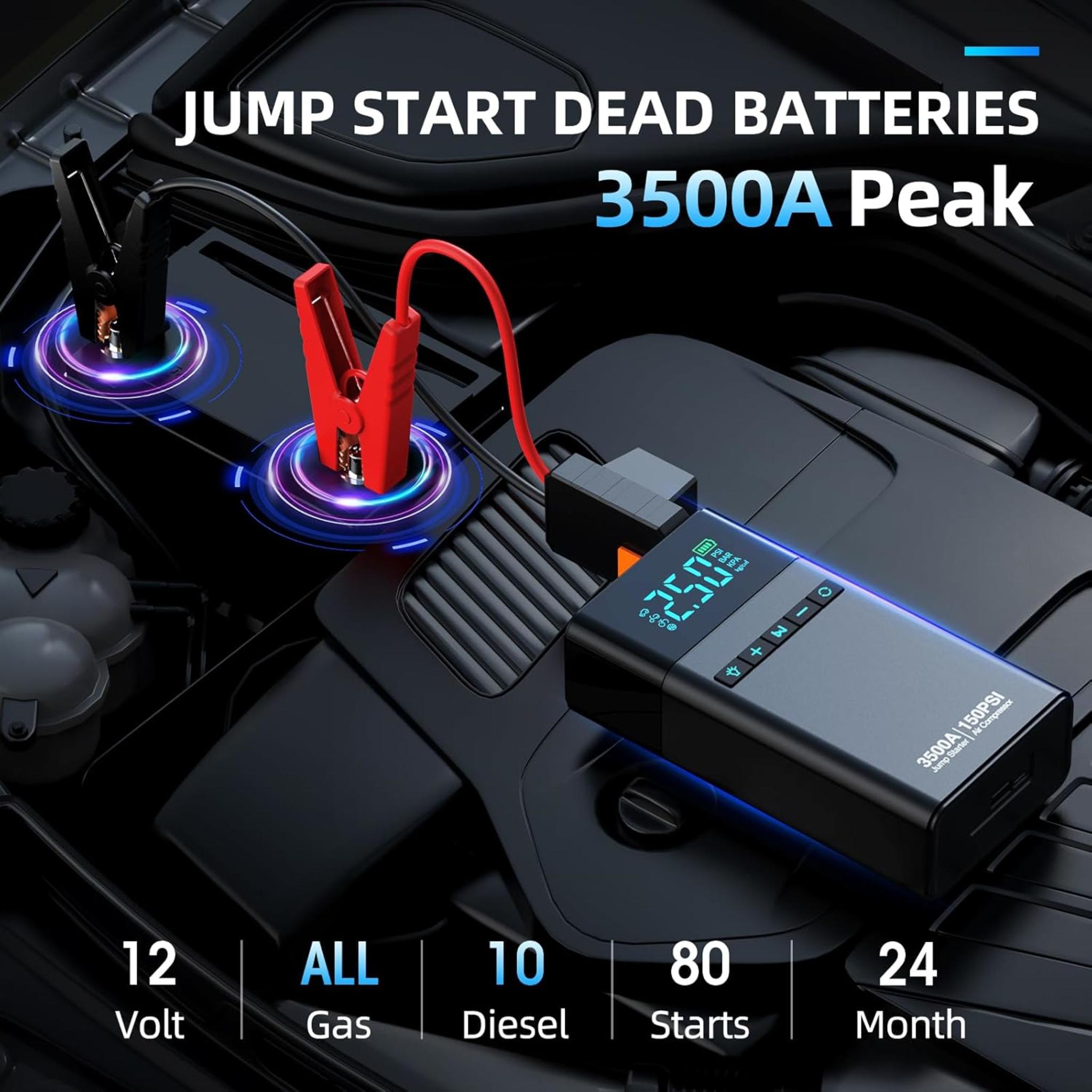 3500A 10-in-1 Portable Car Jump Starter with Air Compressor, 150PSI Tire Inflator & Power Bank