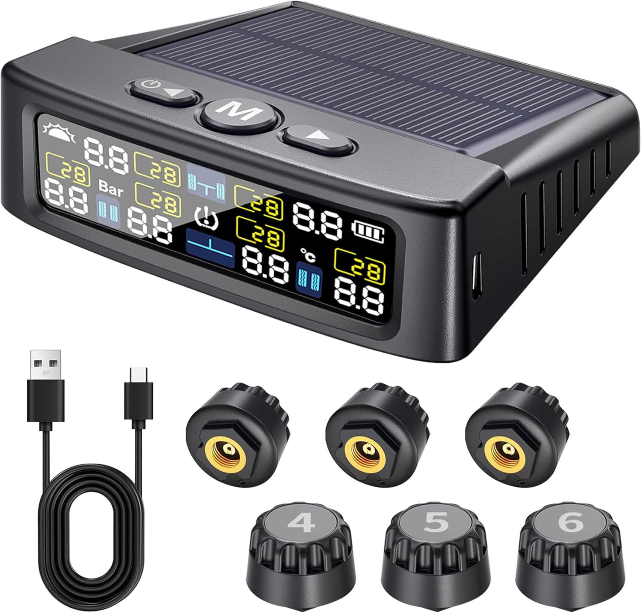6-Sensor TPMS with Solar/USB Charging, Color LCD Display, 0-144PSI Range for RV/Trailer/Truck