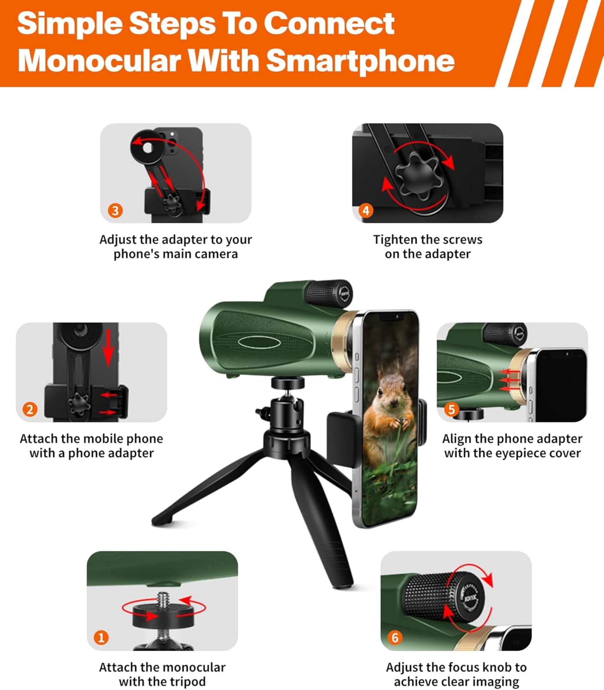 80x100 High Power Monocular with Smartphone Adapter & Tripod