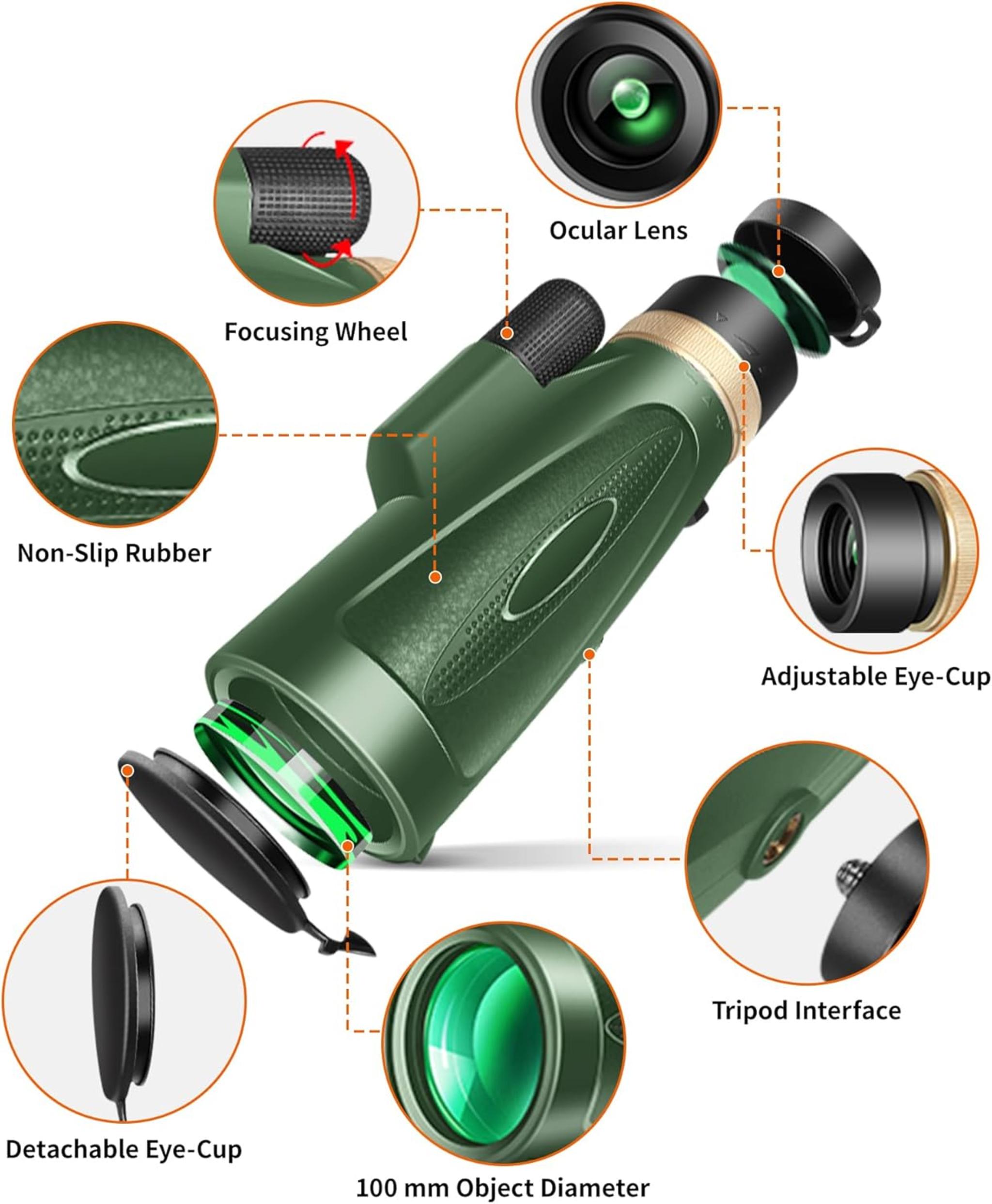 80x100 High Power Monocular with Smartphone Adapter & Tripod