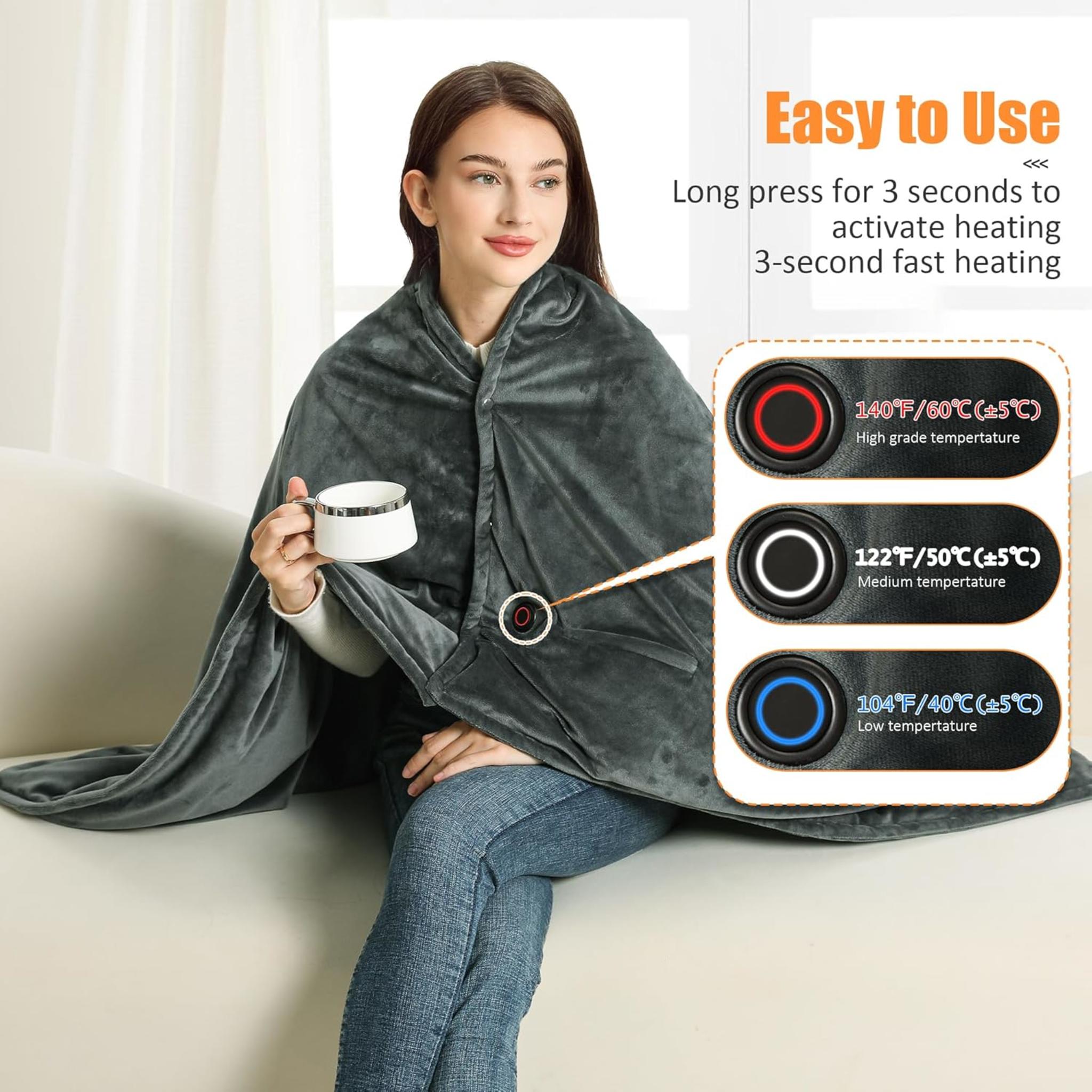 20000mAh Cordless Heated Blanket - Fast Heating Electric Throw with 3 Temperature Settings