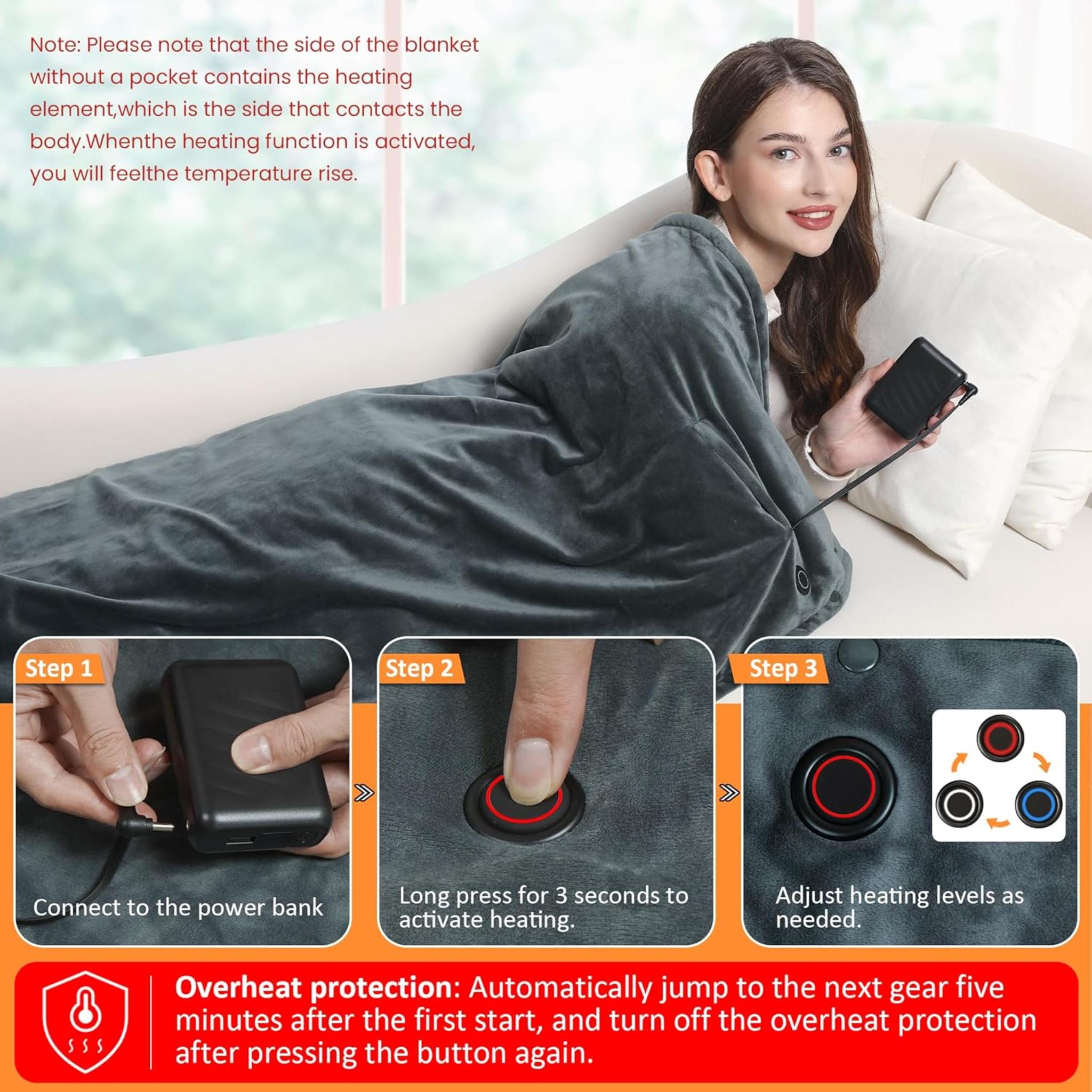 20000mAh Cordless Heated Blanket - Fast Heating Electric Throw with 3 Temperature Settings