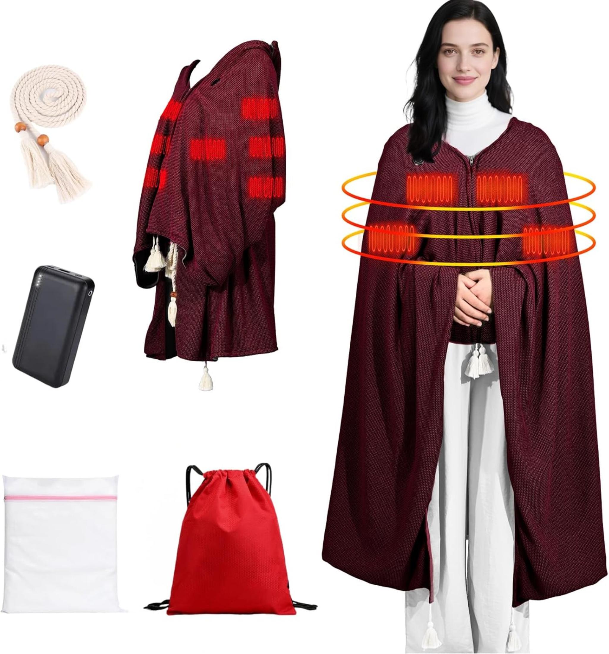 71" Wearable Heated Blanket Shawl with Power Bank, 11 Heating Zones, 3 Heat Levels & Timer