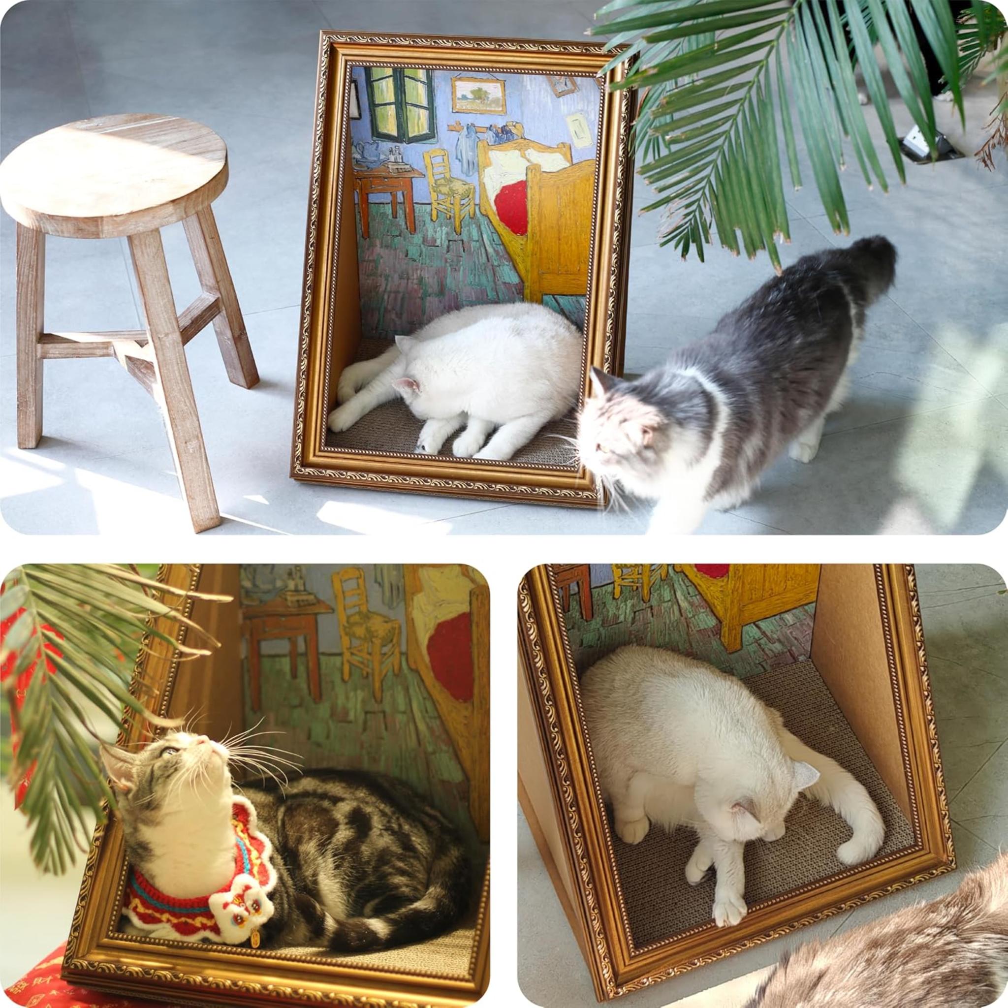 Double-Sided Oil Painting Cat House with Scratcher - Vintage Art Frame Cardboard Bed