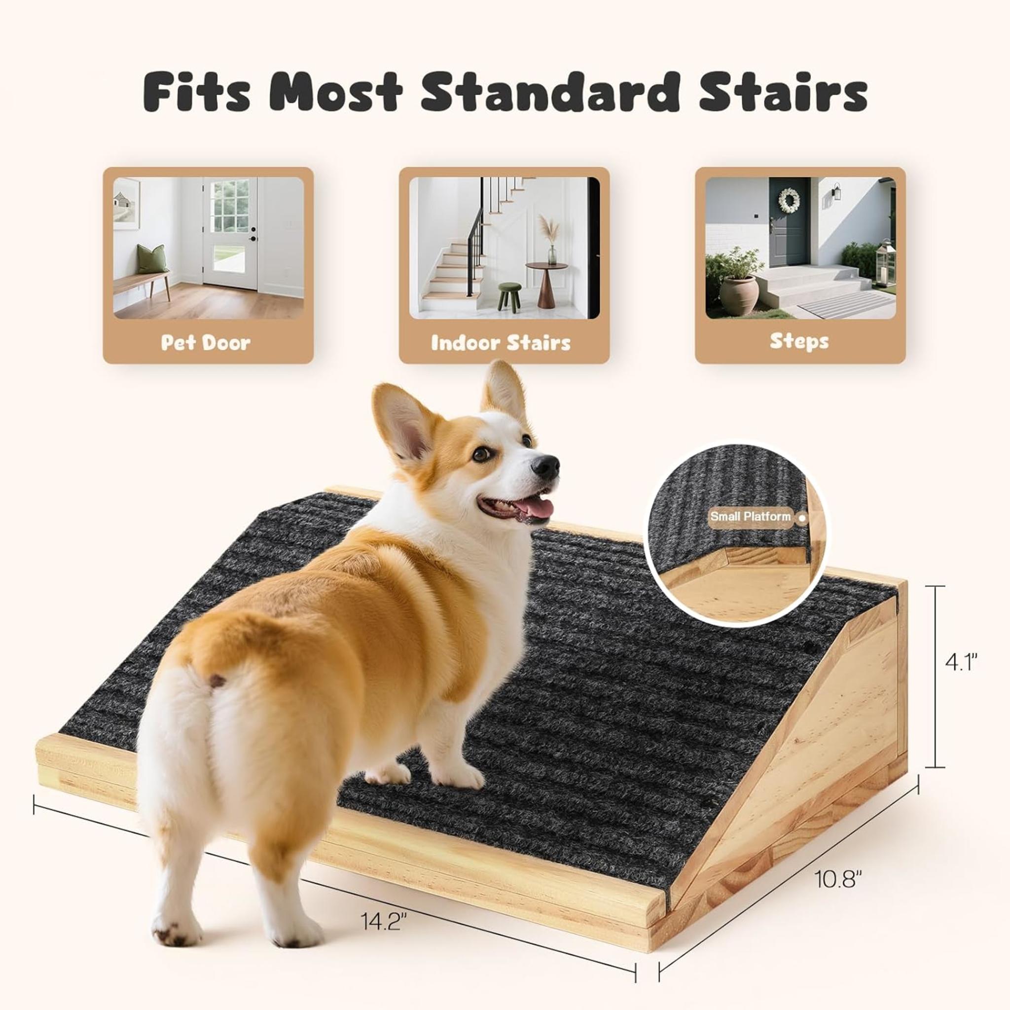 4-Pack Wooden Dog Ramp for Stairs, Anti-Slip Pet Steps for Small Dogs with Carpet Surface, Low-Angled Pet Ramps for Staircase, Steps and Stairs Assist for Injured & Aged Pets