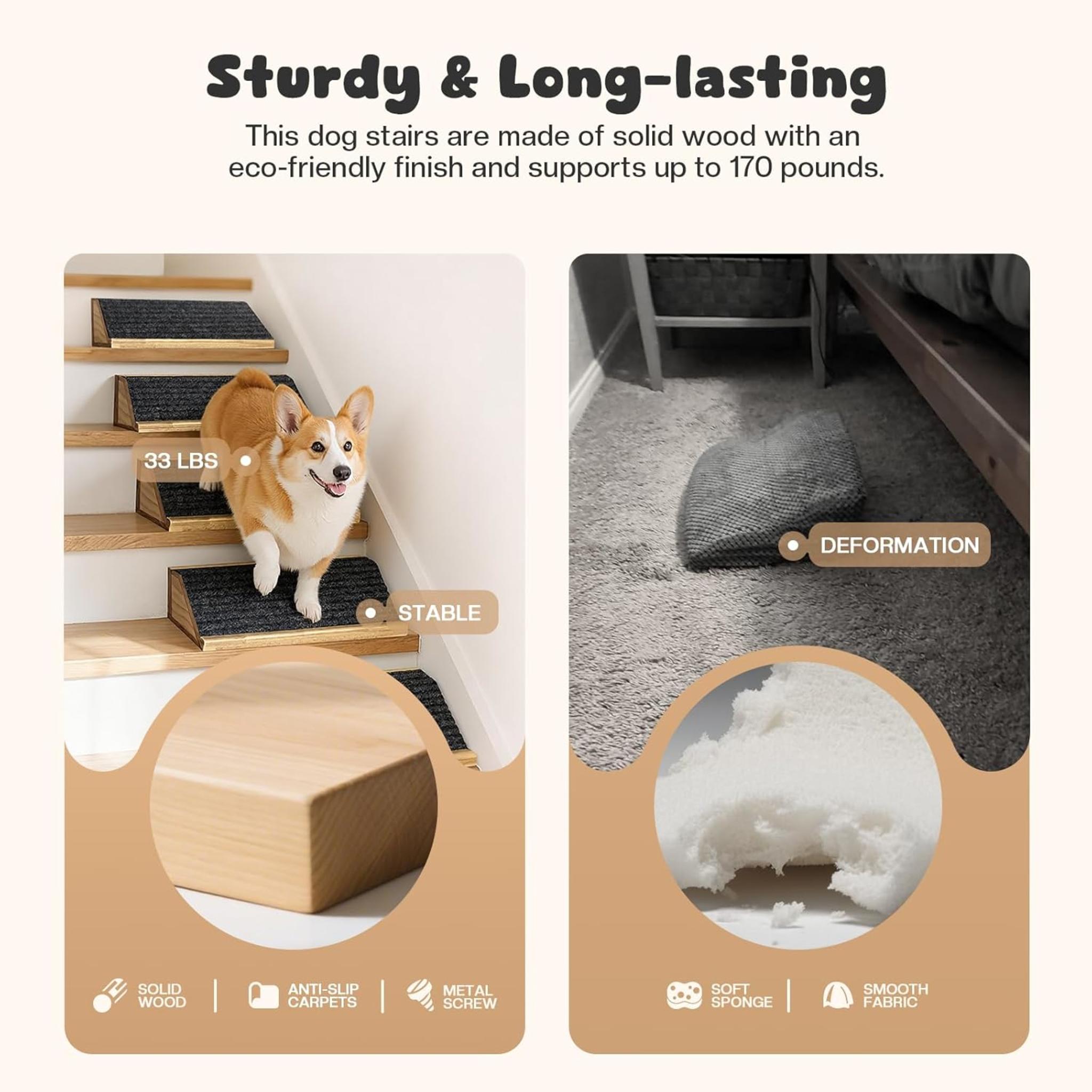 4-Pack Wooden Dog Ramp for Stairs, Anti-Slip Pet Steps for Small Dogs with Carpet Surface, Low-Angled Pet Ramps for Staircase, Steps and Stairs Assist for Injured & Aged Pets