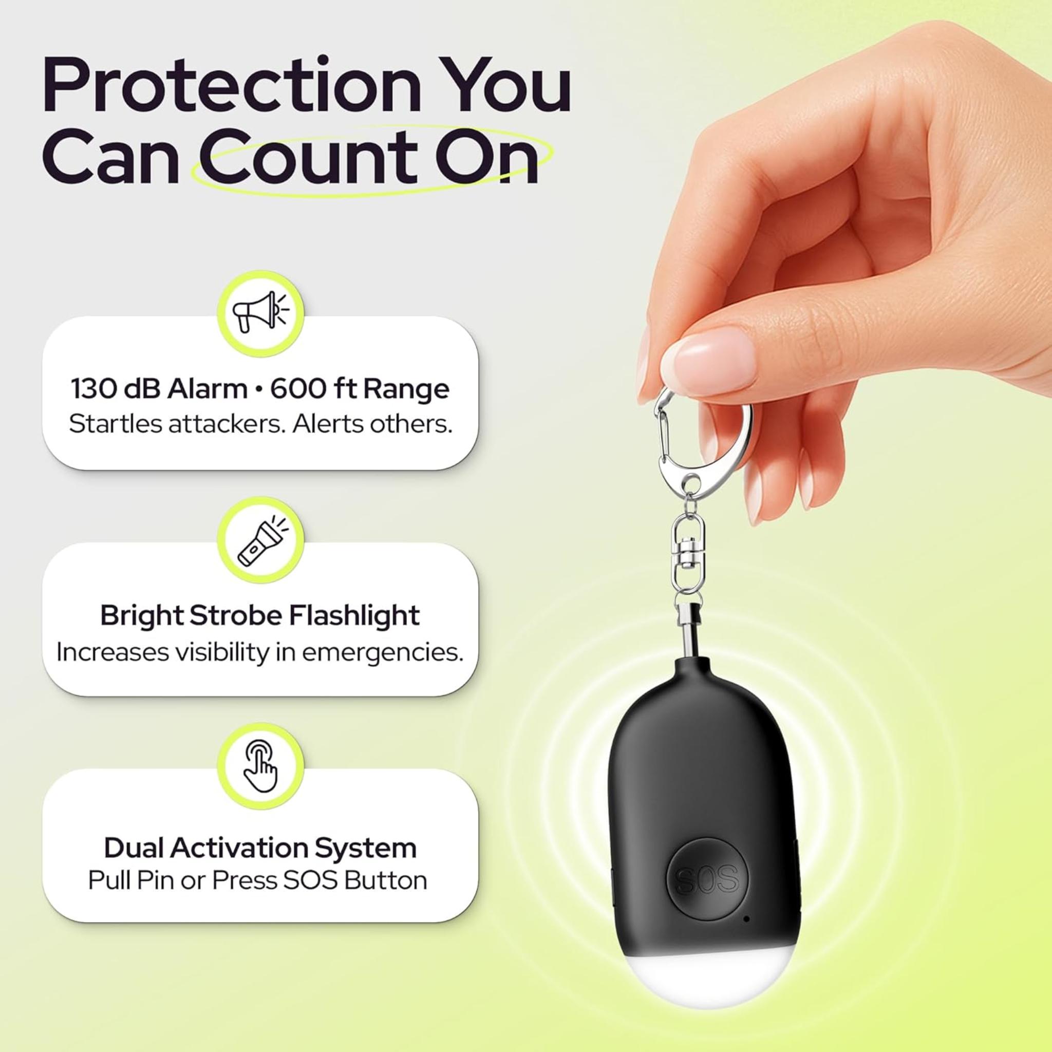 Rechargeable Personal Alarm Keychain - 130dB Siren, LED Light, 3-Pack for Safety