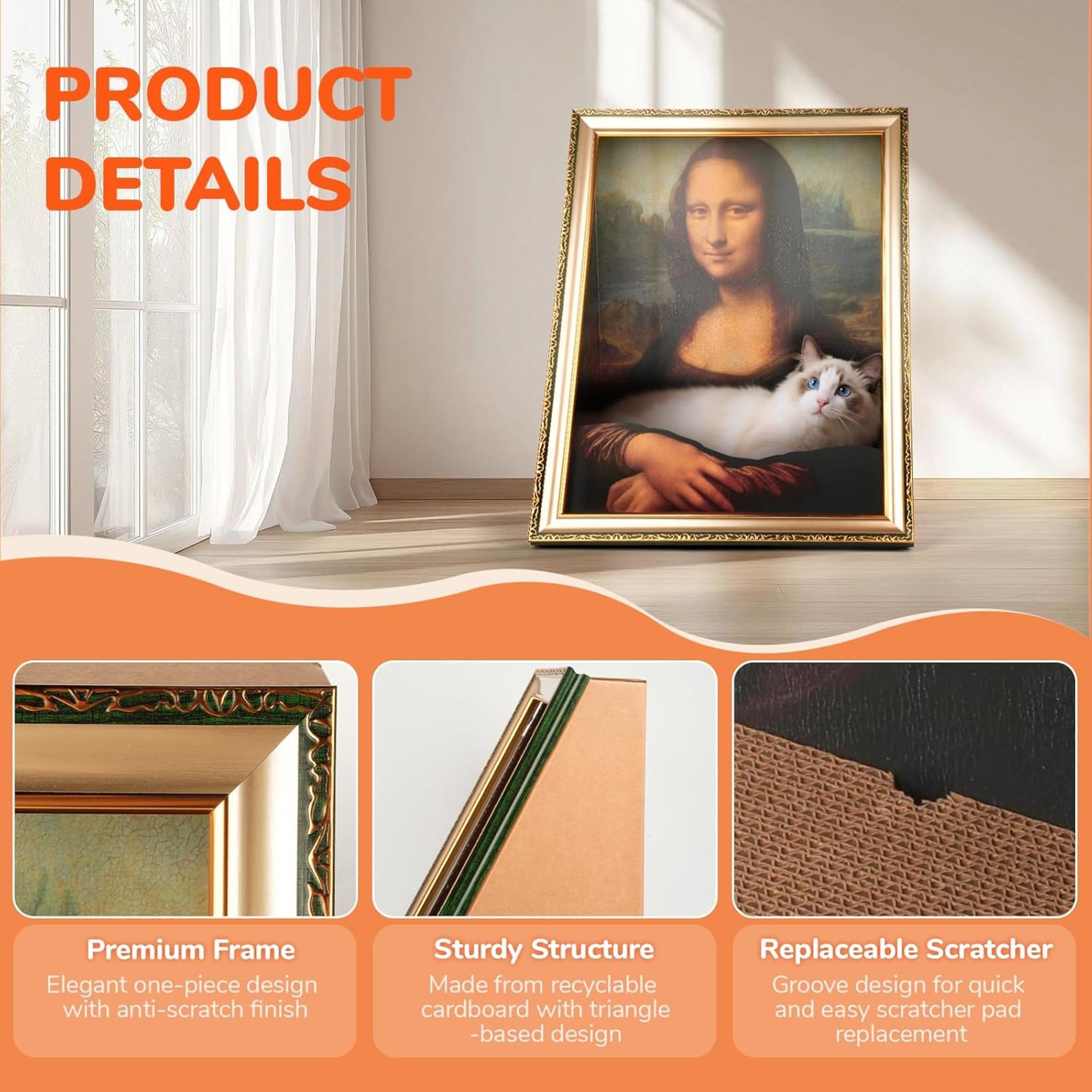 Mona Lisa Themed 3-in-1 Cardboard Cat House with Scratcher and Bed, Easy Setup Hideout for Indoor Cats