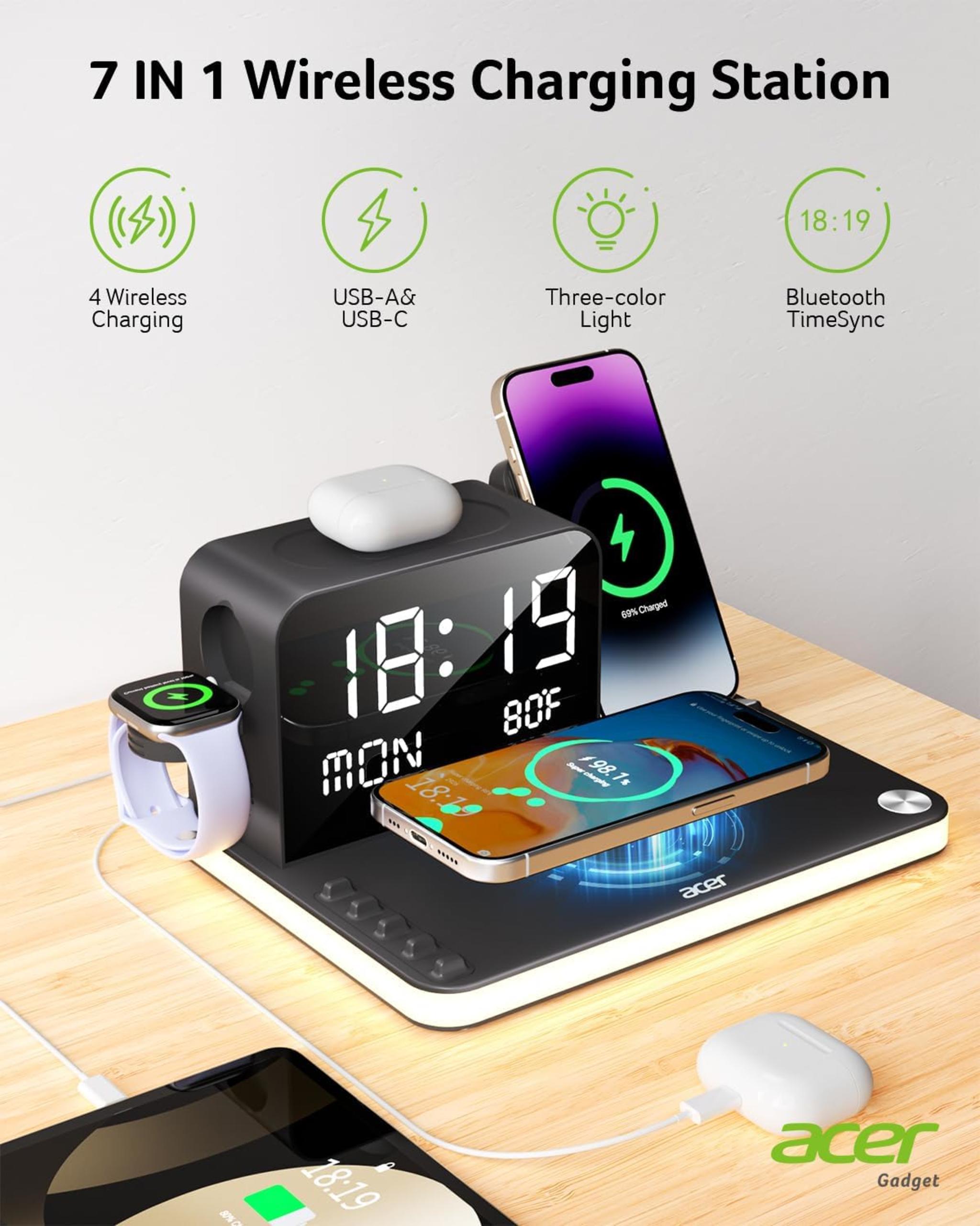 7-in-1 Wireless Charging Station with Bluetooth Clock & Ambient Lighting
