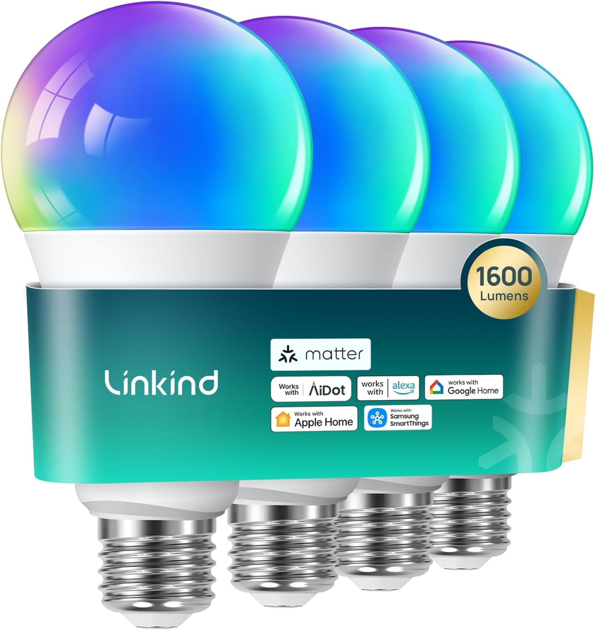 Matter Smart Light Bulb, 1600LM RGBTW Color Changing, Music Sync, Wi-Fi A21 E26, 4-Pack