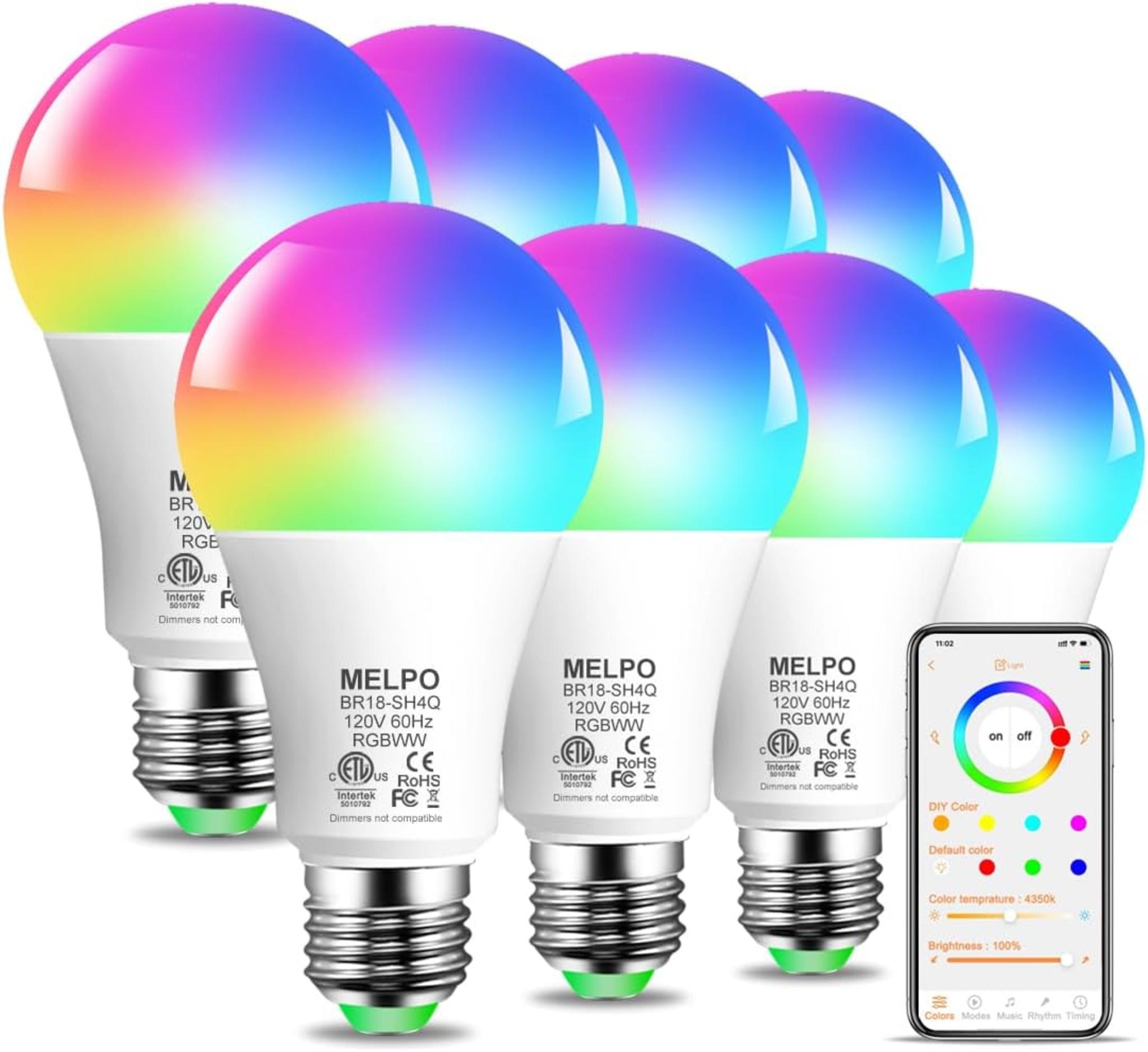 Smart RGB Light Bulbs with Alexa, 16M Colors, 12W (130W Equivalent), 8-Pack