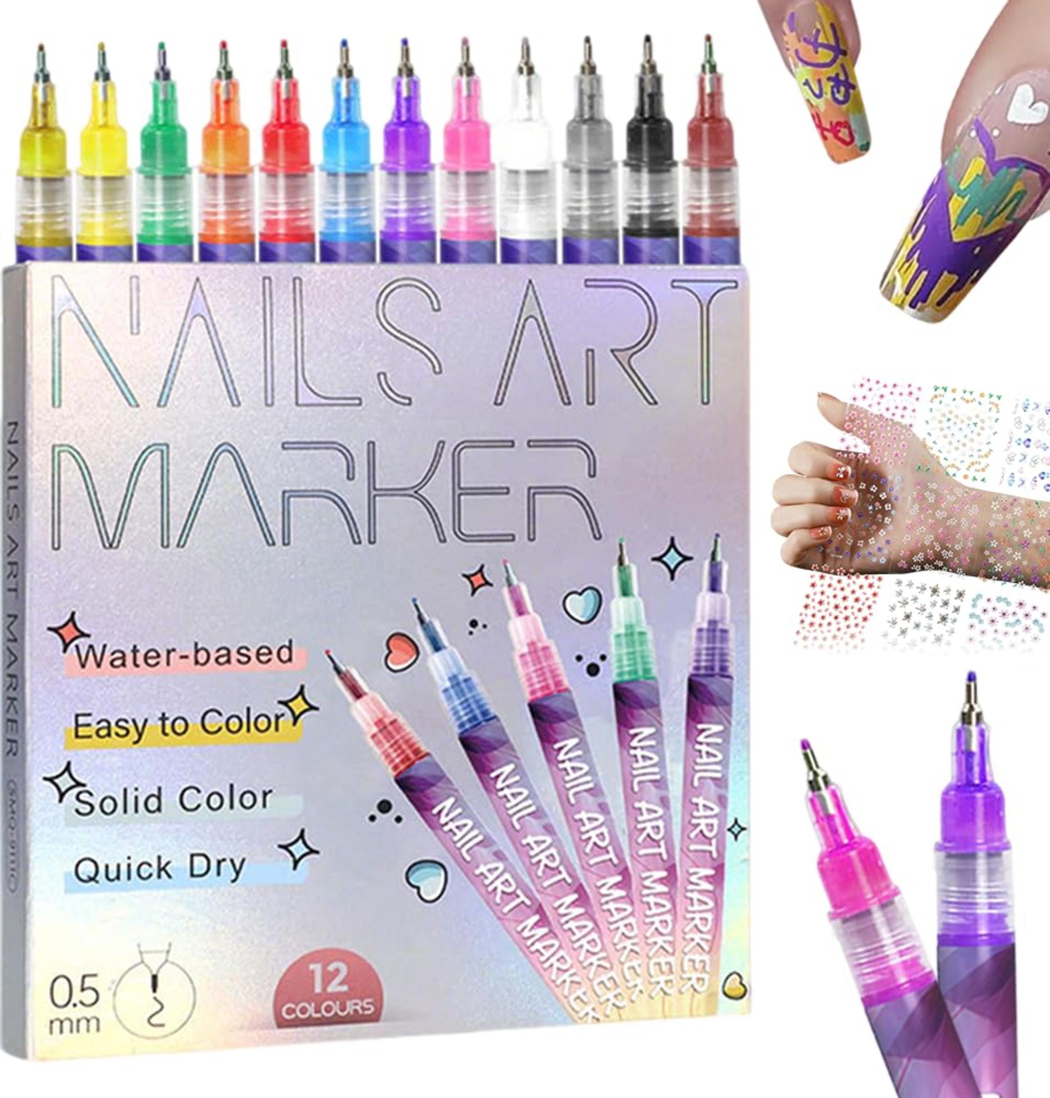 12 Colors Nail Art Pens Set with 30 Stickers, Quick Dry Acrylic Markers for DIY Dotting Drawing Painting