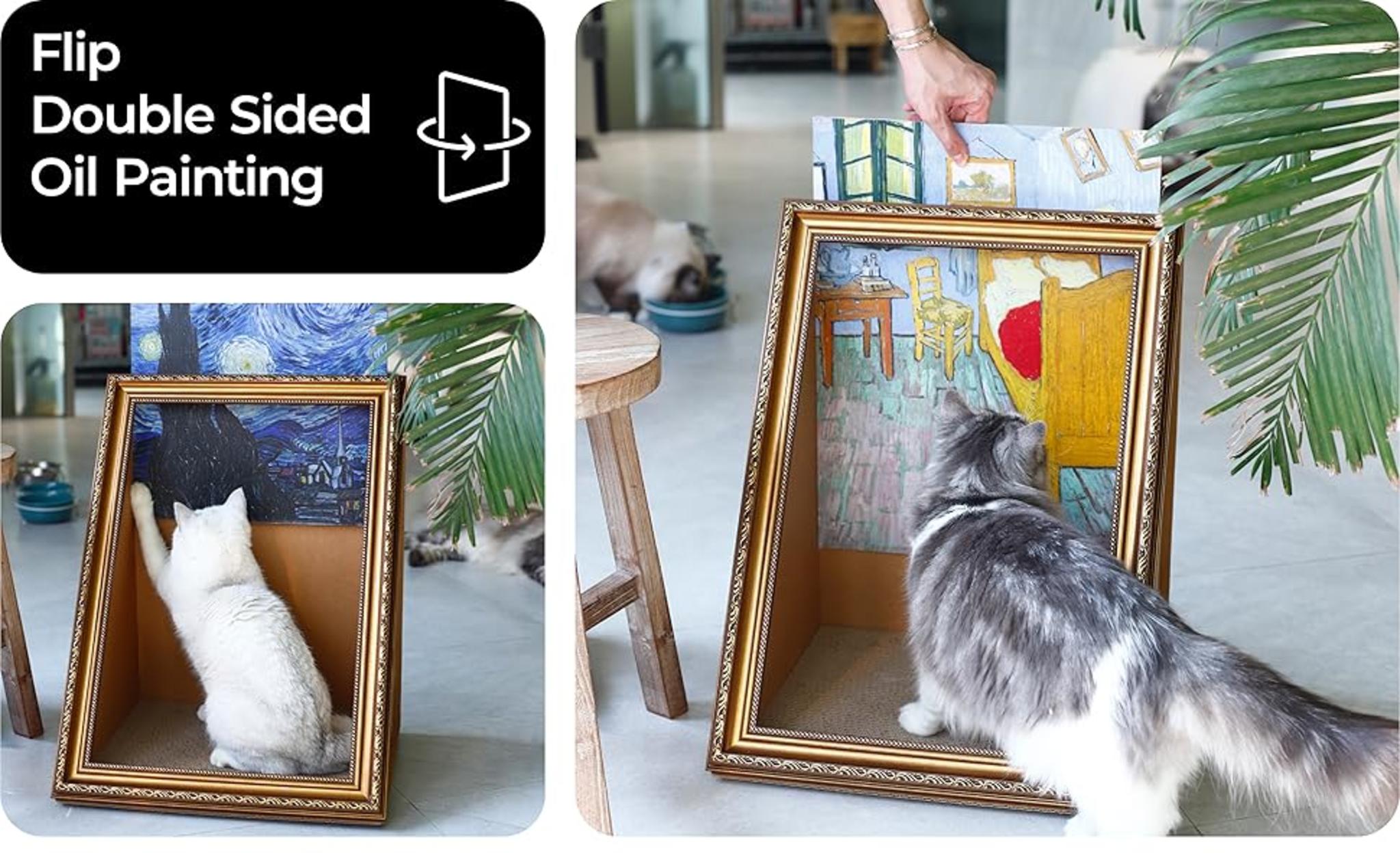 Double-Sided Oil Painting Cat House with Scratcher - Vintage Art Frame Cardboard Bed image 7