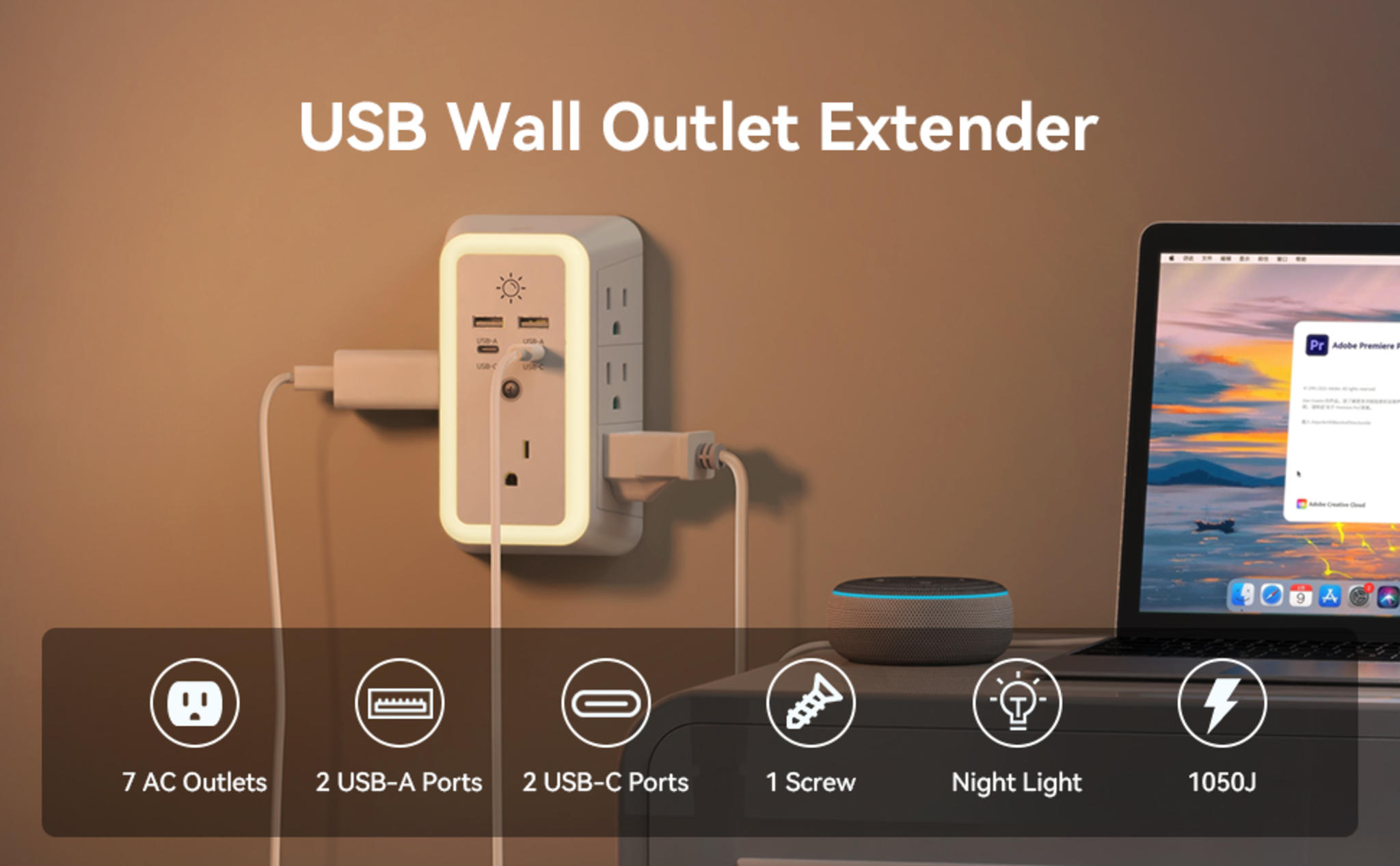 7-Outlet Wall Charger with 4 USB Ports (2 USB-C), Surge Protector & Night Light image 6