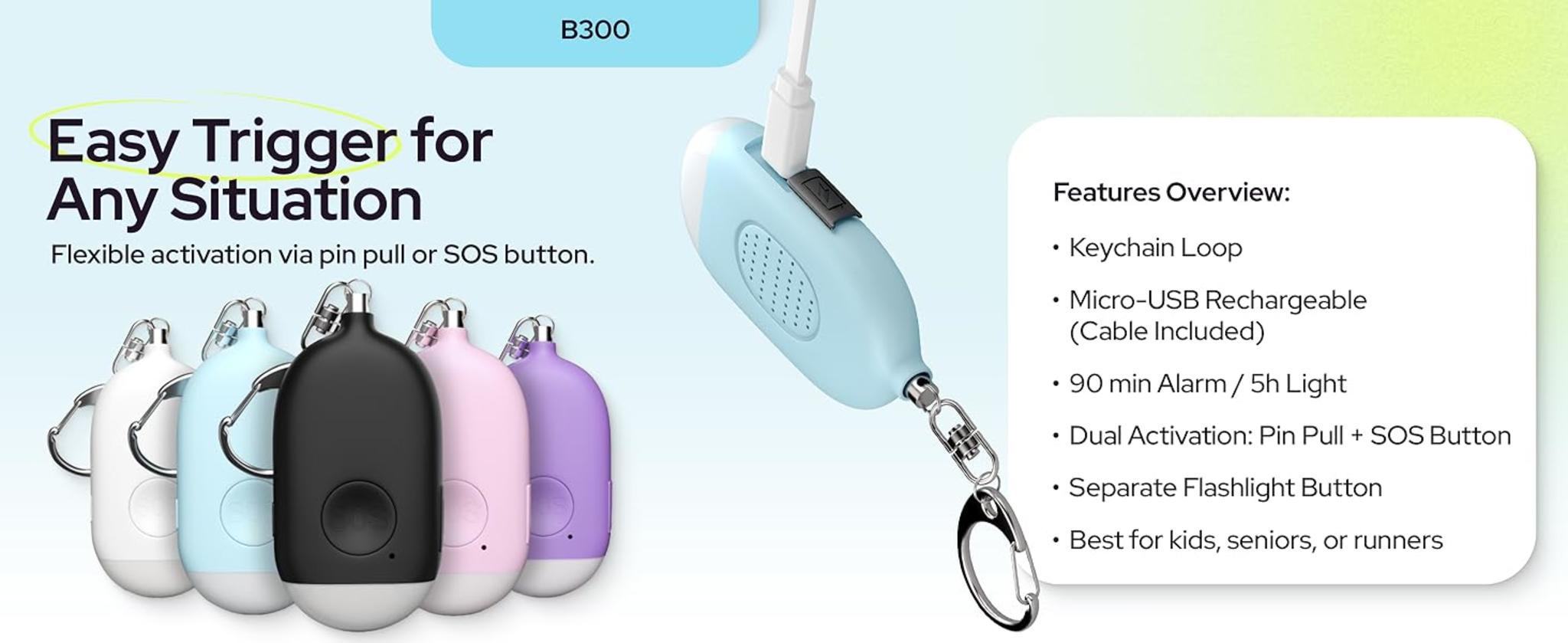 Rechargeable Personal Alarm Keychain - 130dB Siren, LED Light, 3-Pack for Safety image 11