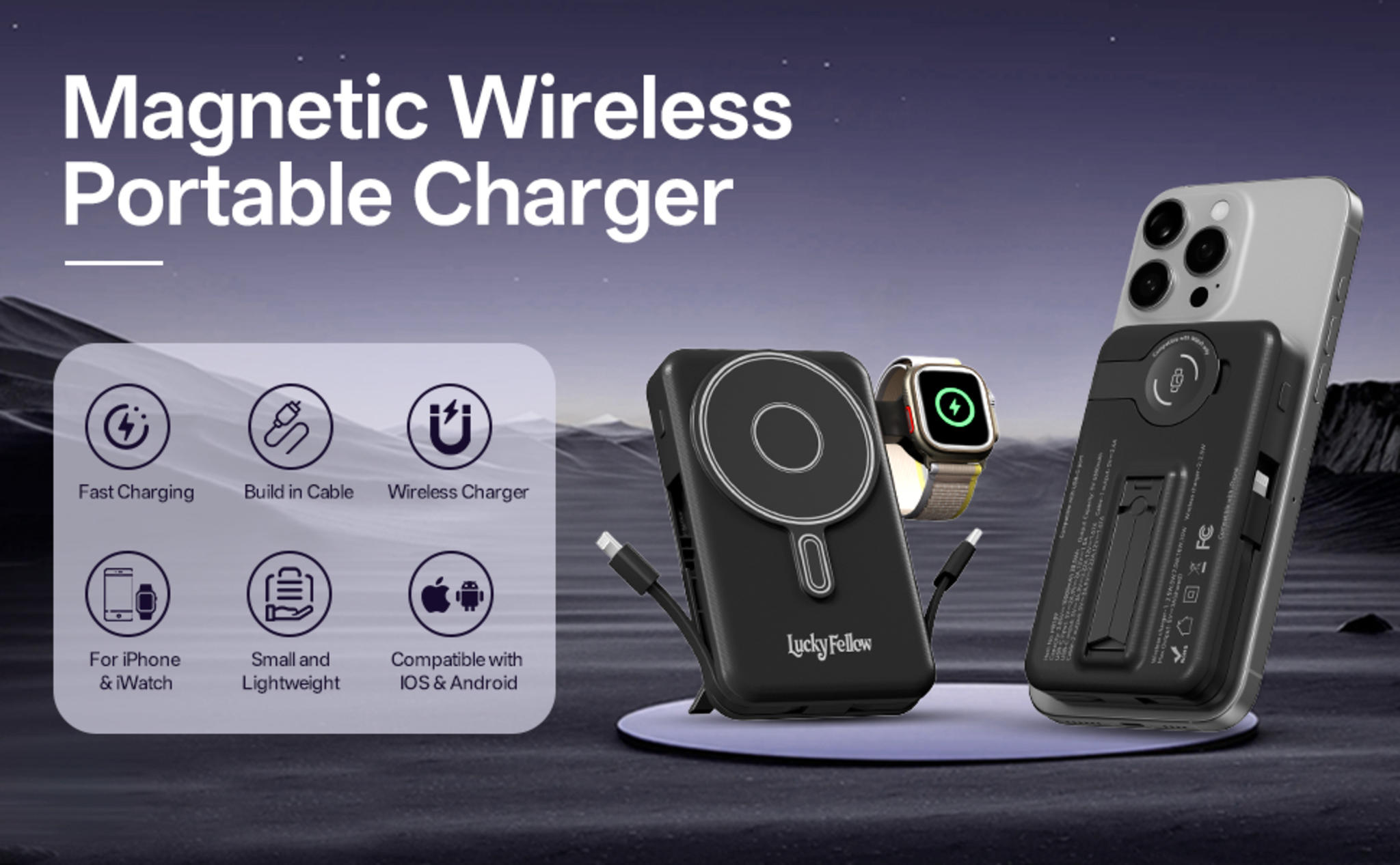 Magnetic Portable Charger with Built-in Cables, 10000mAh Fast Wireless Charging Station & Power Bank image 7