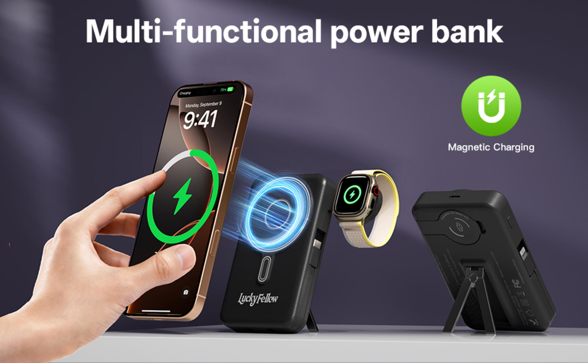 Magnetic Portable Charger with Built-in Cables, 10000mAh Fast Wireless Charging Station & Power Bank image 9