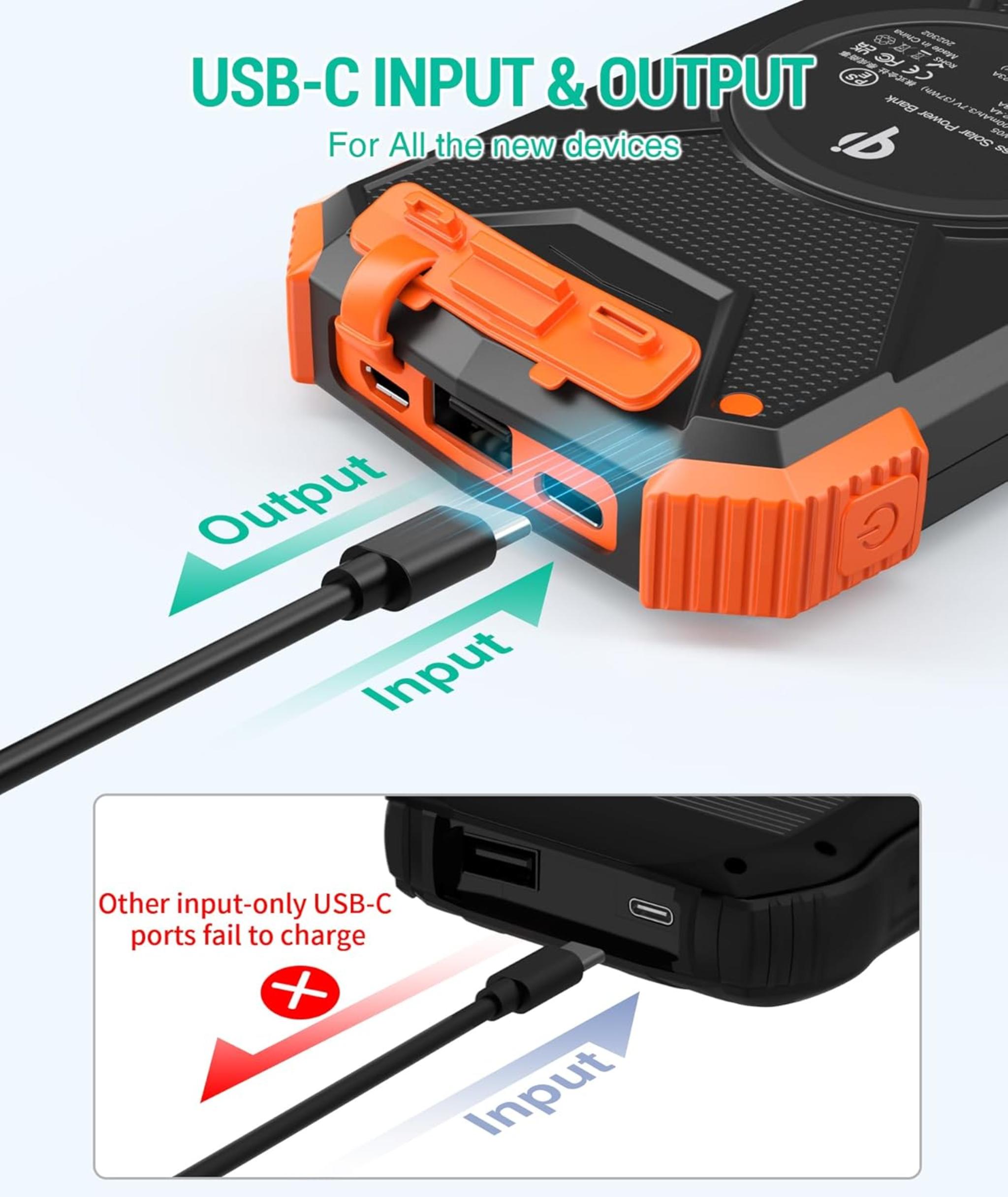 10,000mAh Solar Power Bank with 20W Fast Charging, Wireless Charger, Dual Flashlight for Camping