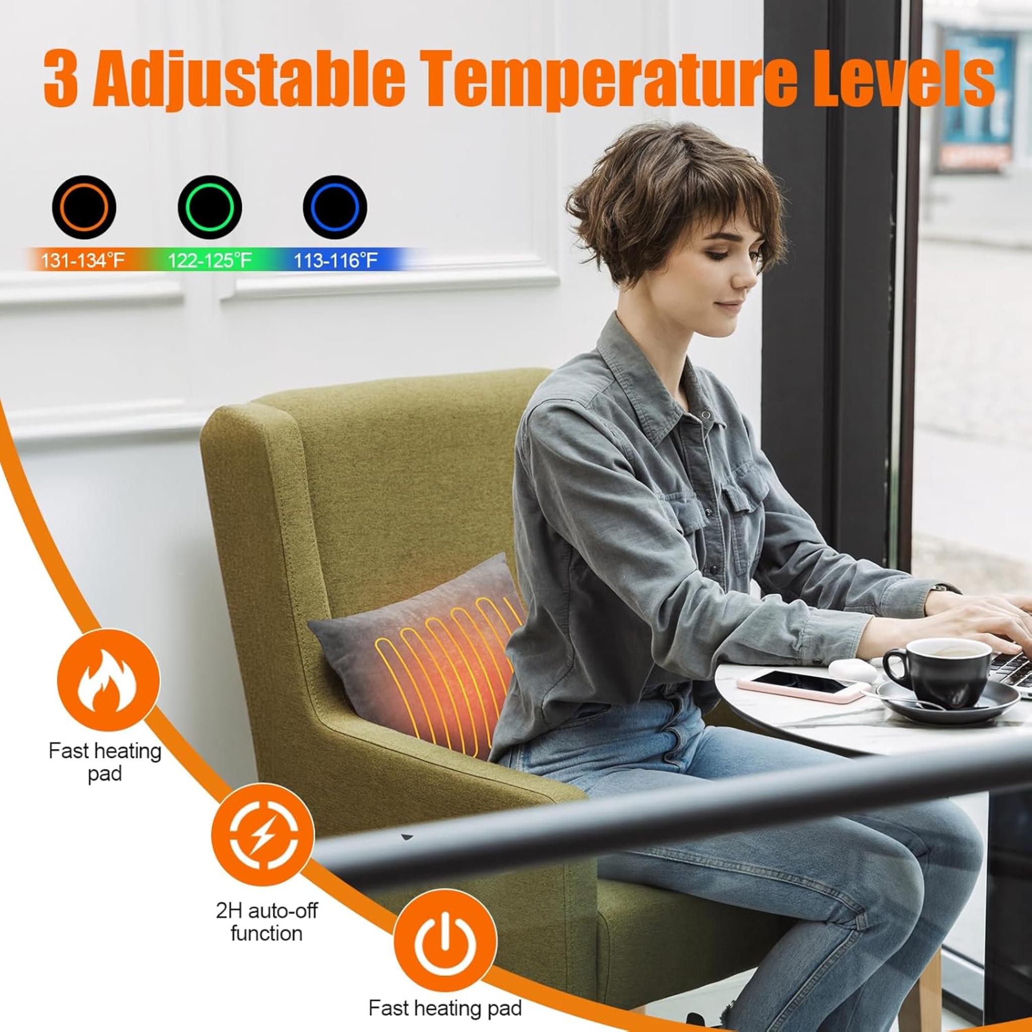 Electric Heated Lumbar Support Pillow with 3 Heat Settings, USB Powered, Machine Washable