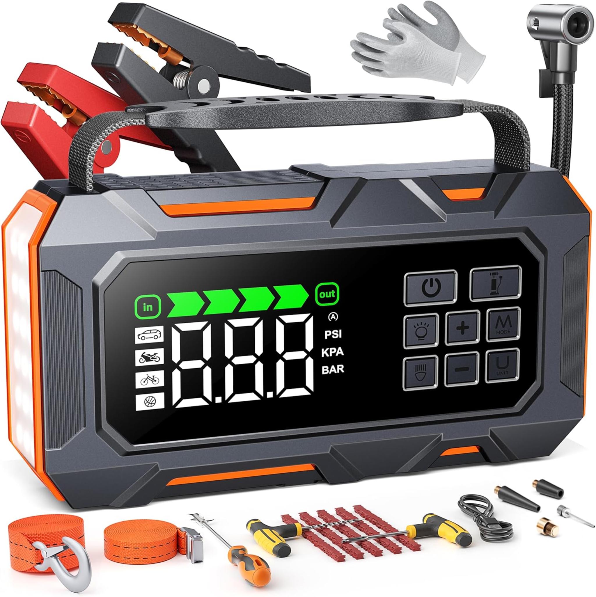 16-in-1 Car Jump Starter with Air Compressor, 8000A Peak, 160PSI Tire Inflator, Emergency Kit