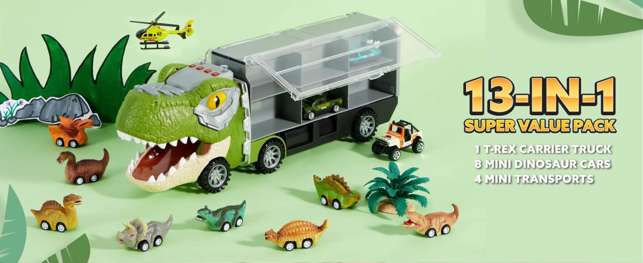 13-in-1 Dinosaur Transport Truck with 12 Pull Back Cars & Sounds image 8
