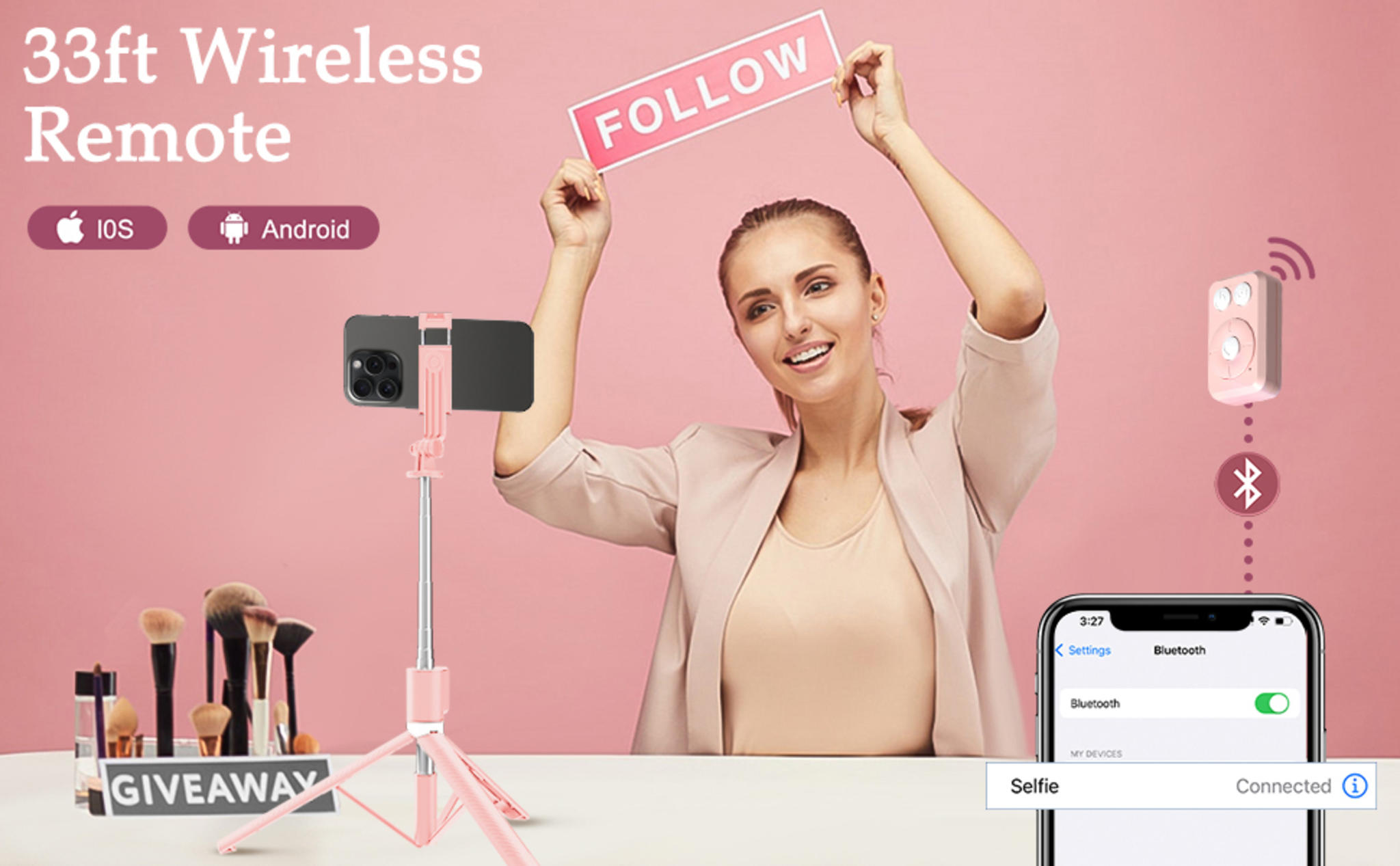 Pink Selfie Stick Tripod with Fill Light, Bluetooth Remote & 170cm Extension image 7