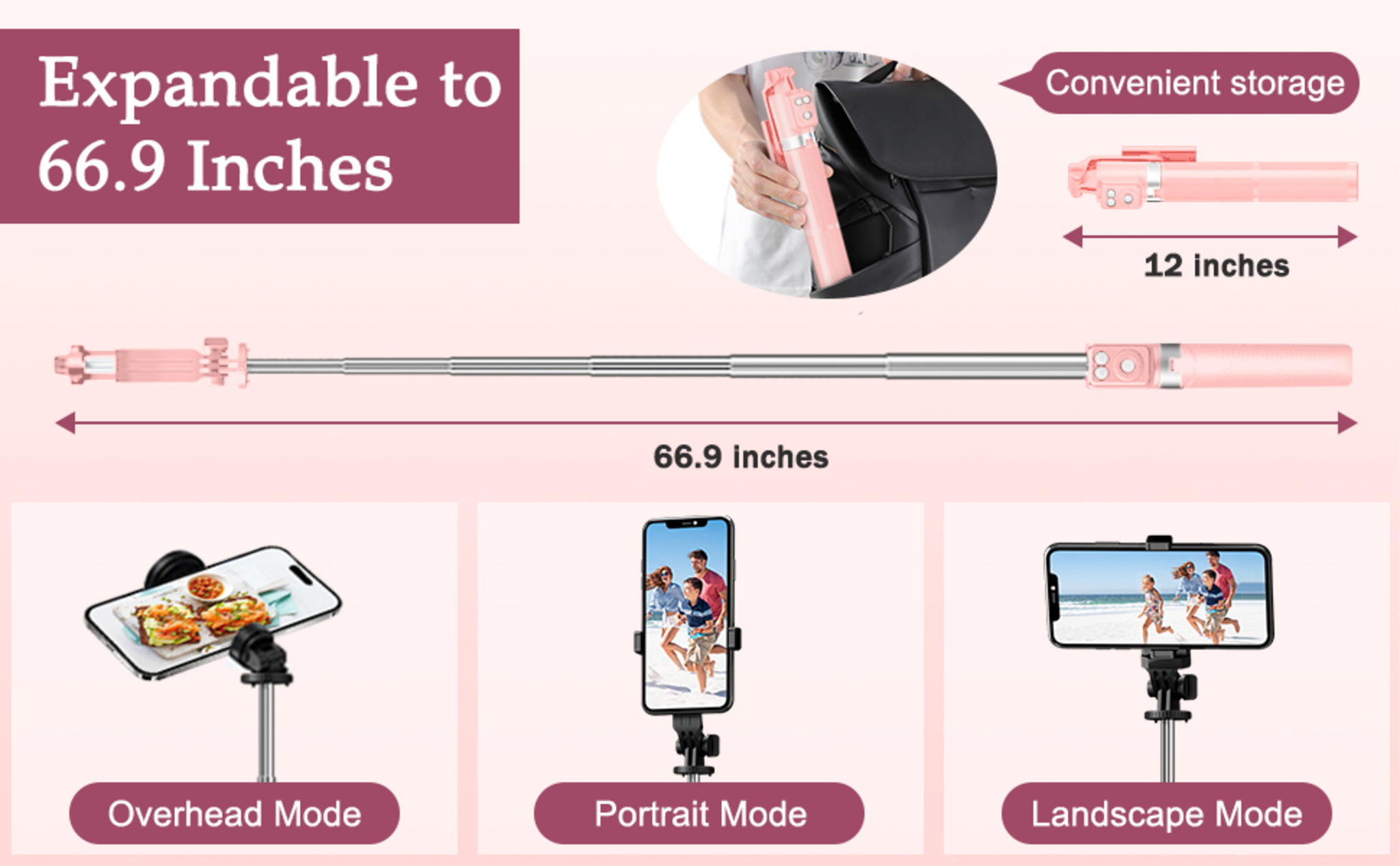 Pink Selfie Stick Tripod with Fill Light, Bluetooth Remote & 170cm Extension image 9