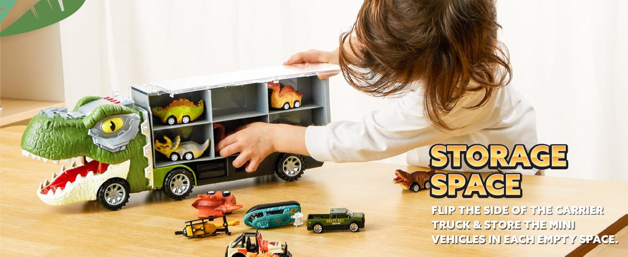 13-in-1 Dinosaur Transport Truck with 12 Pull Back Cars & Sounds image 12