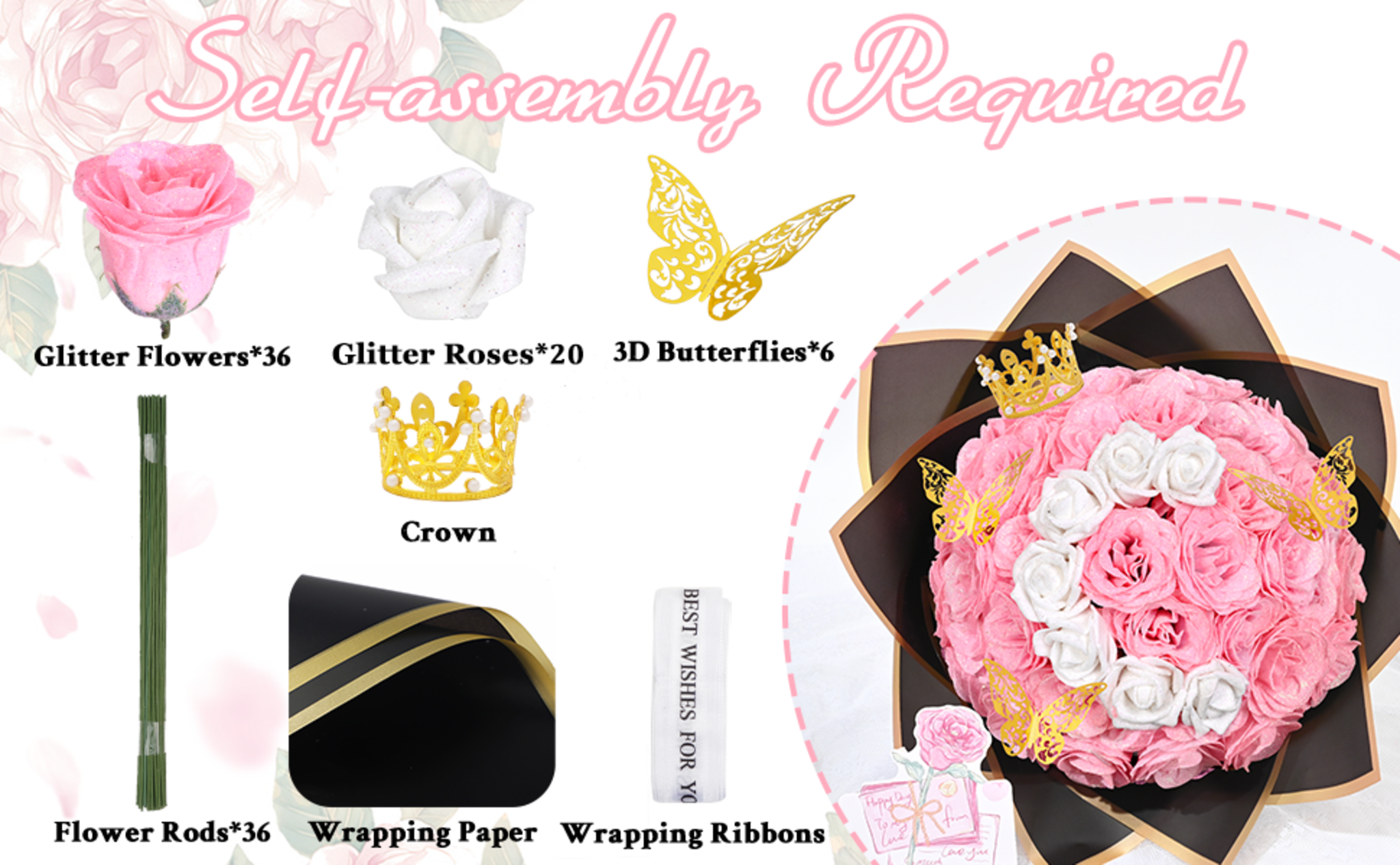 DIY Glitter Rose Bouquet Kit - 56 Flowers with Letters for Personalized Gifts image 9