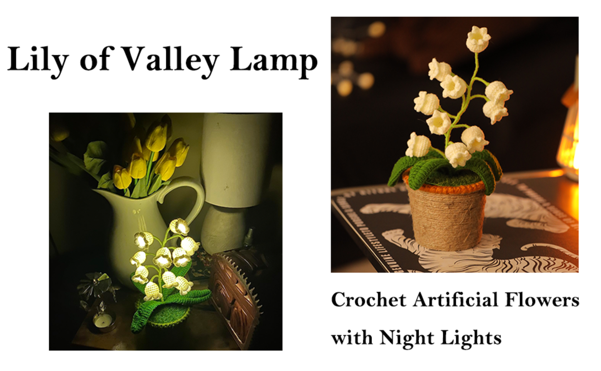 Handmade Crochet Lily of the Valley Night Light with Rattan Planter - Cordless Table Lamp image 7