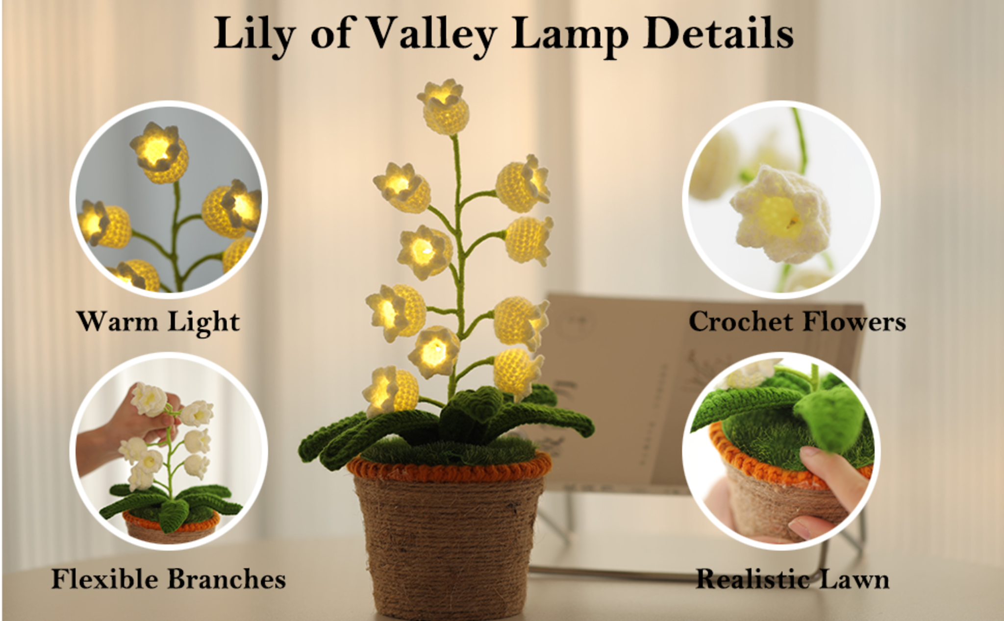 Handmade Crochet Lily of the Valley Night Light with Rattan Planter - Cordless Table Lamp image 8
