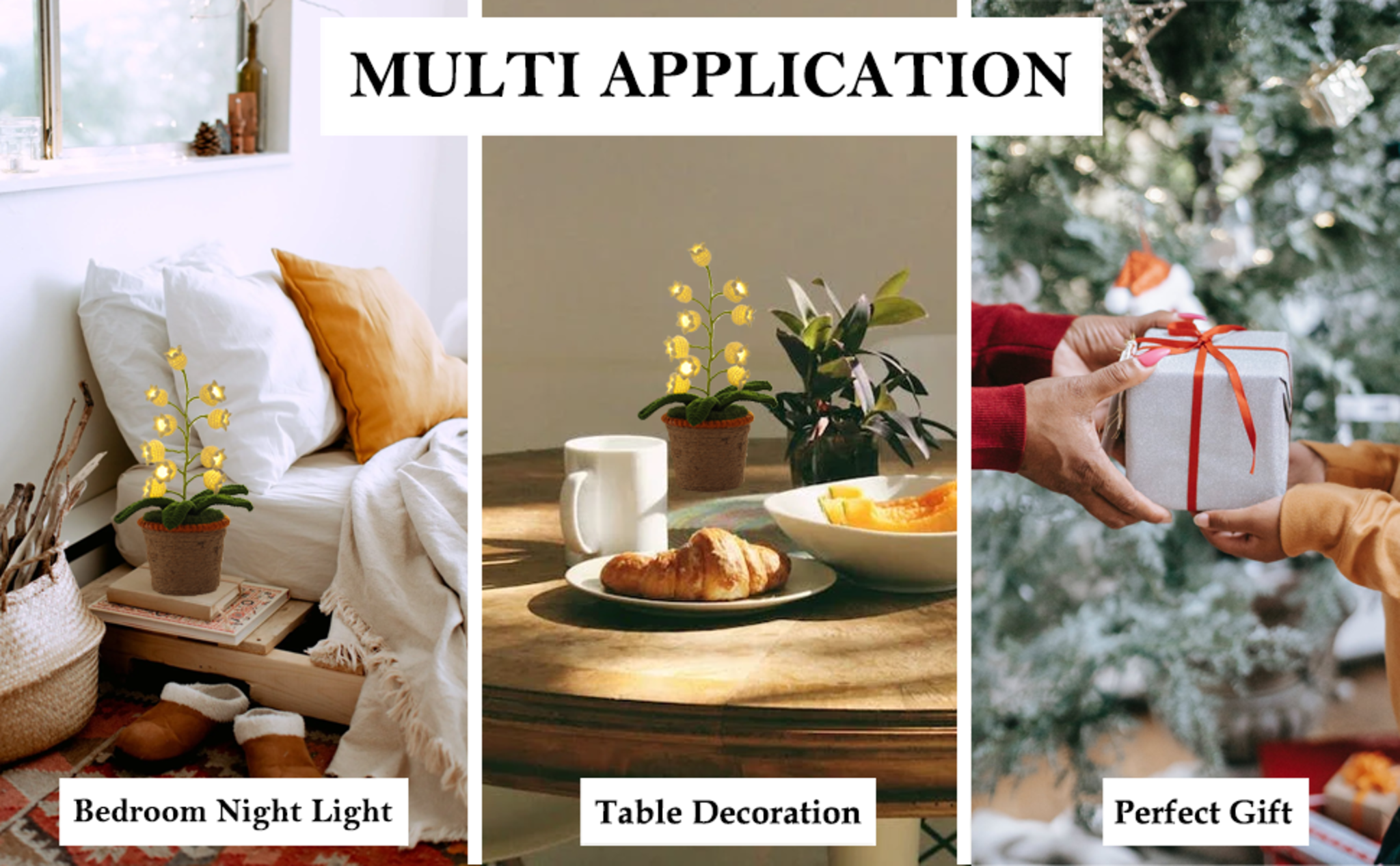 Handmade Crochet Lily of the Valley Night Light with Rattan Planter - Cordless Table Lamp image 9