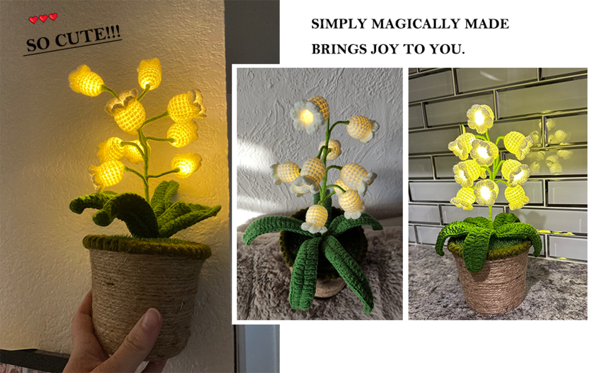 Handmade Crochet Lily of the Valley Night Light with Rattan Planter - Cordless Table Lamp image 10