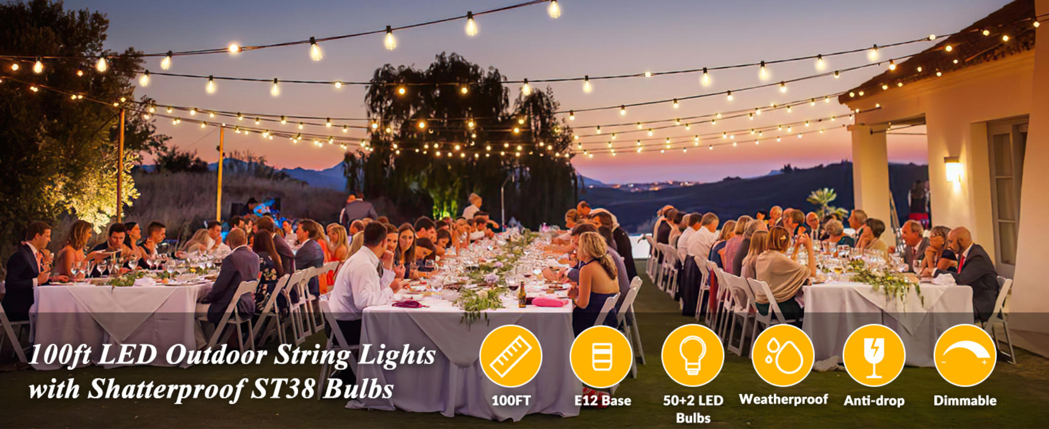 100FT Outdoor LED String Lights with 52 Shatterproof Vintage Edison Bulbs, Waterproof Dimmable Patio Lighting image 7