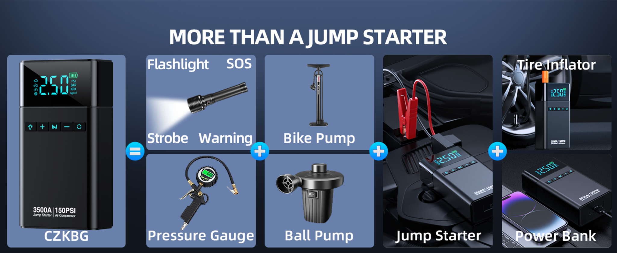 3500A 10-in-1 Portable Car Jump Starter with Air Compressor, 150PSI Tire Inflator & Power Bank image 16