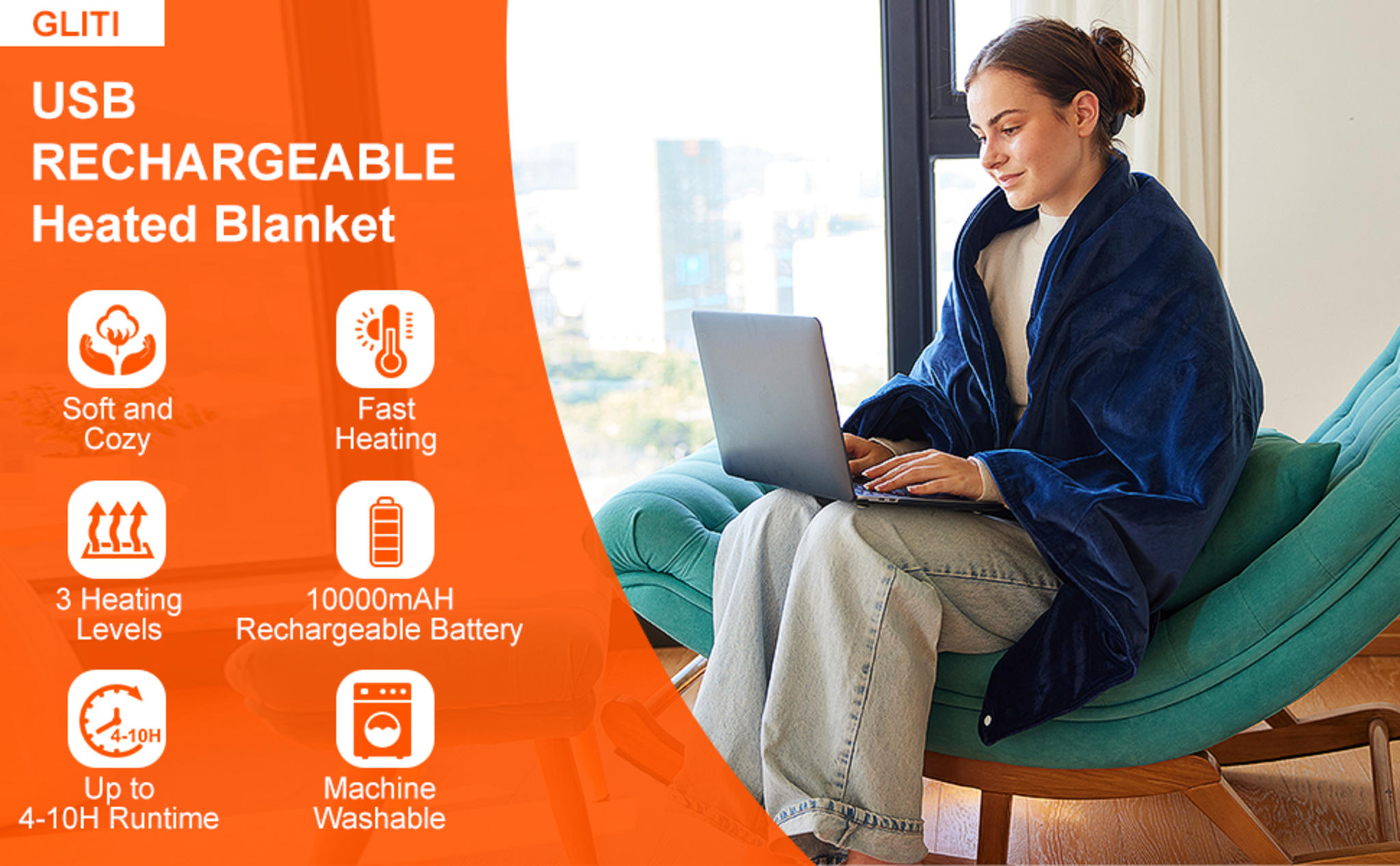 Cordless USB Heated Blanket with 10000mAh Battery & 3 Heat Levels image 6