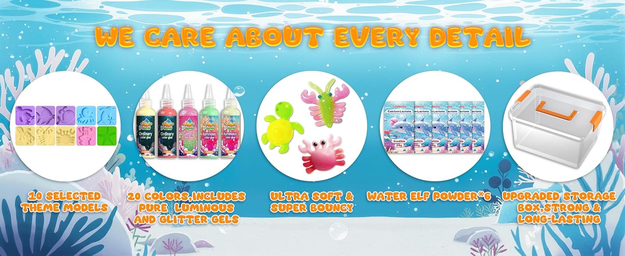 Magic Water Elf Toy Kit - 20 Gels with Glow & Glitter, 10 Molds DIY Squishy Maker image 9