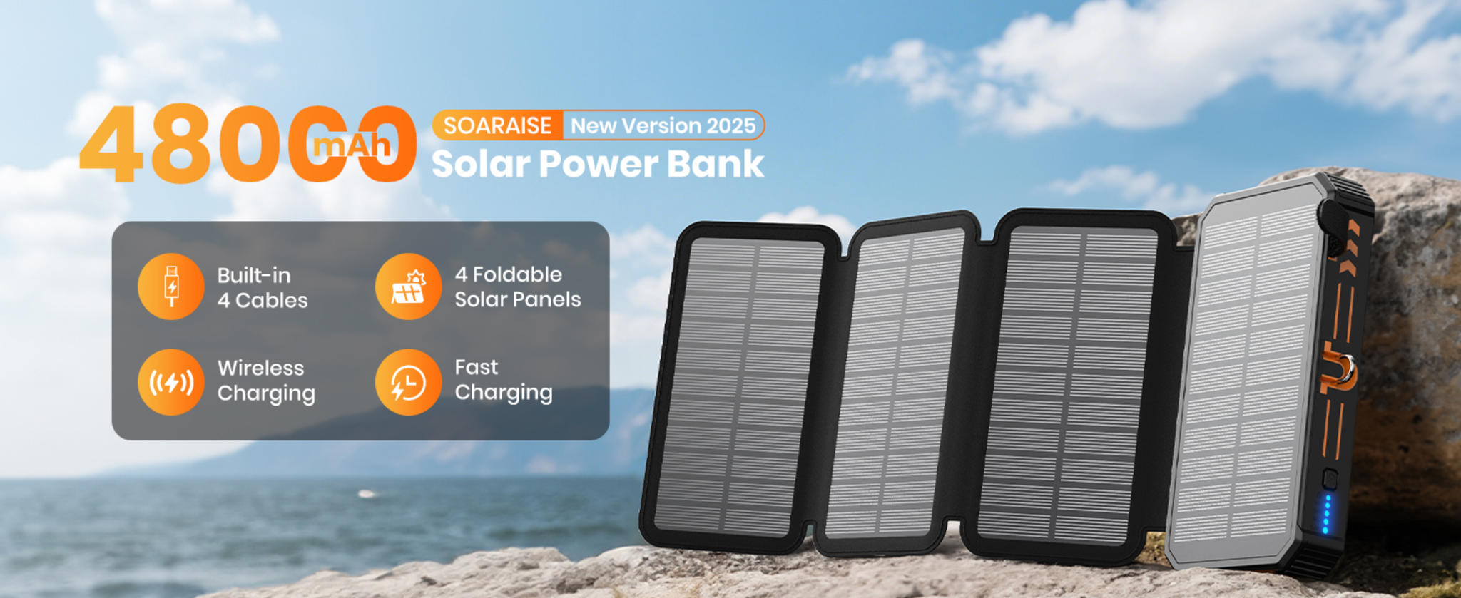 48000mAh Solar Power Bank with 4 Solar Panels & Wireless Charging image 7