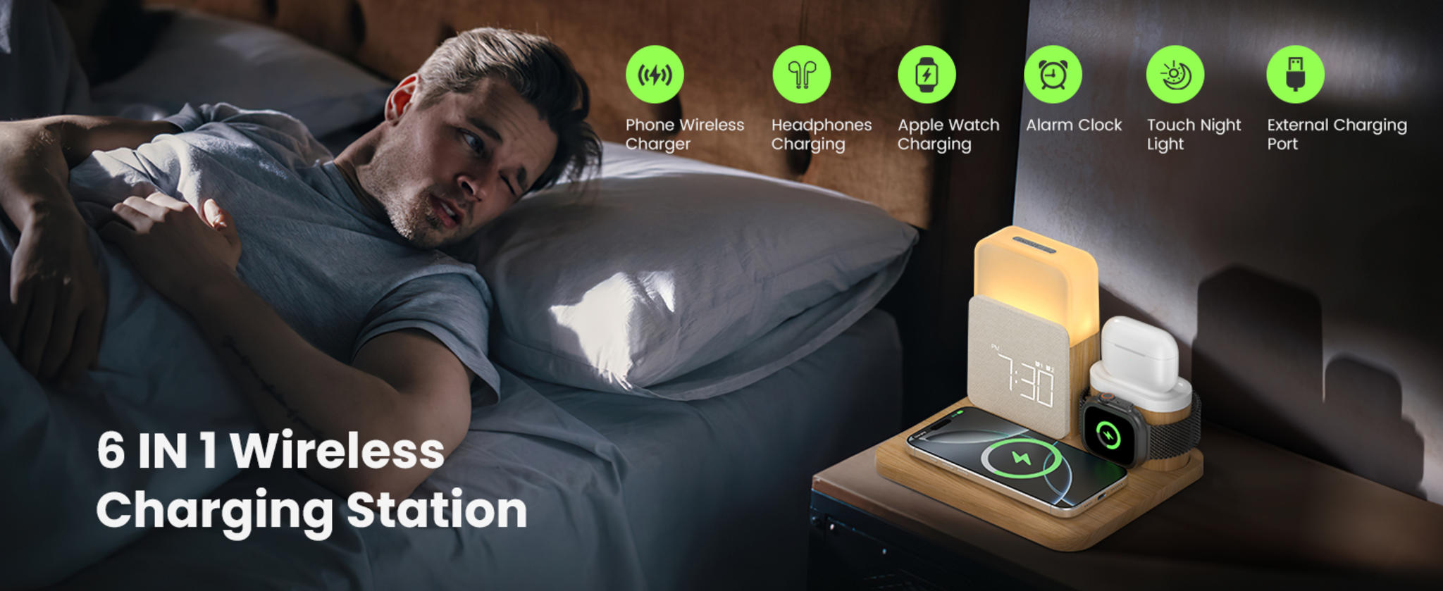7-in-1 Wireless Charging Station with Alarm Clock and Night Light image 7