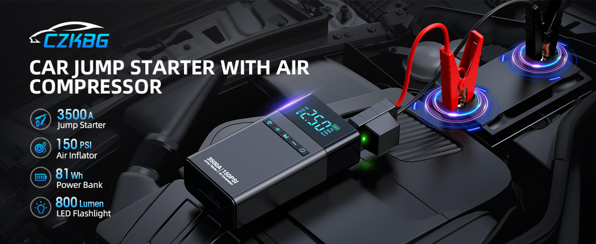10-in-1 Portable Car Battery Jump Starter with Air Compressor image 6