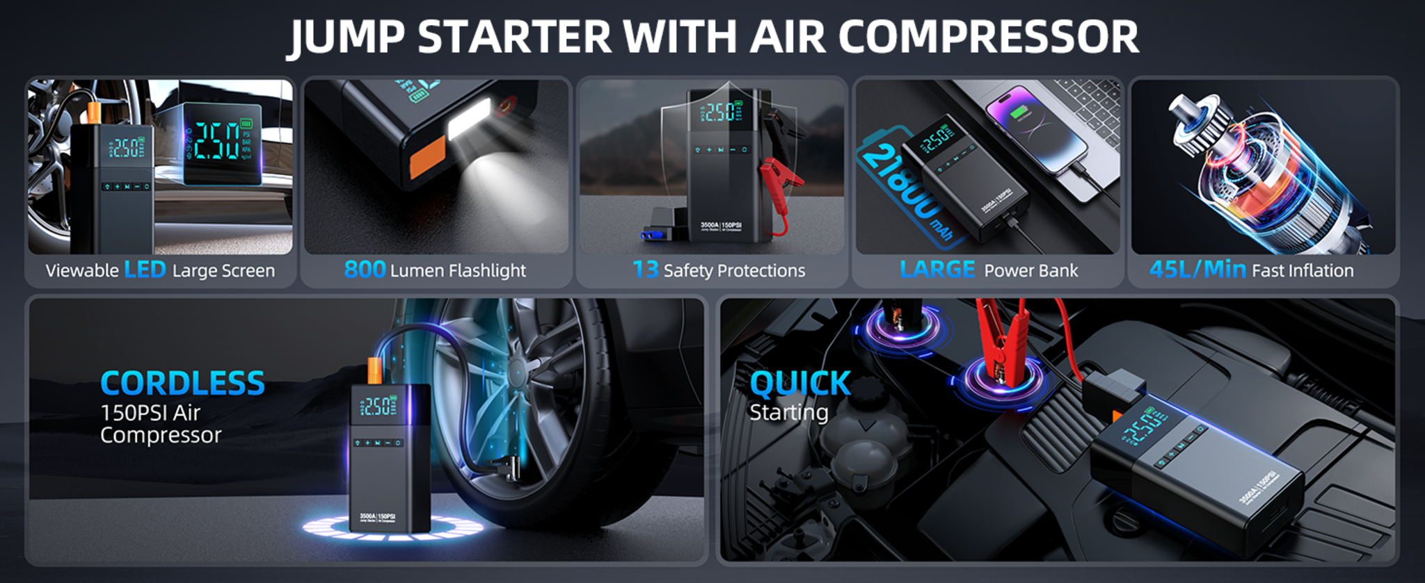 10-in-1 Portable Car Battery Jump Starter with Air Compressor image 9
