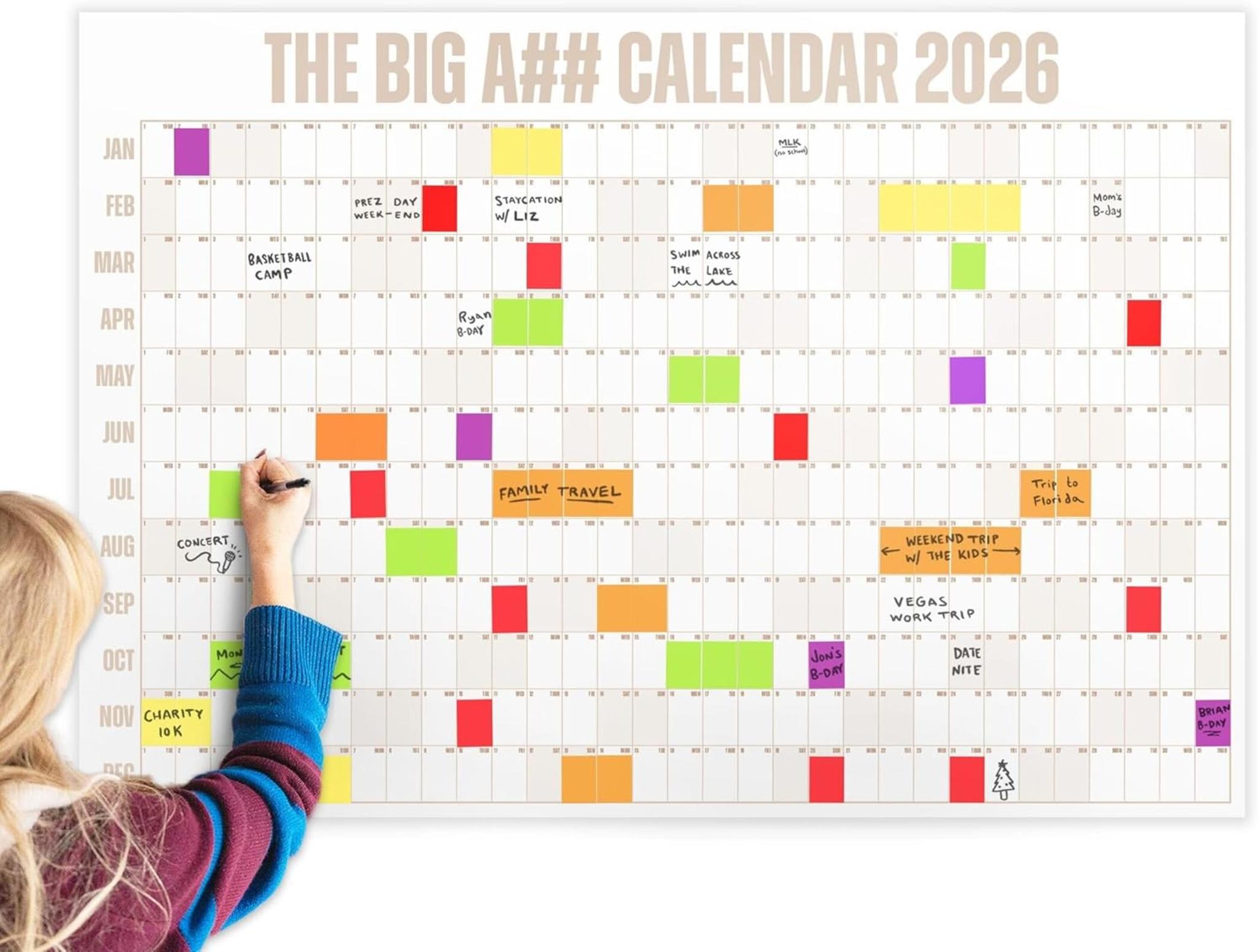 2026 Full-Year Wall Calendar - 4'x3' Dry-Erase with Marker & 100 Color Labels - Year at a Glance