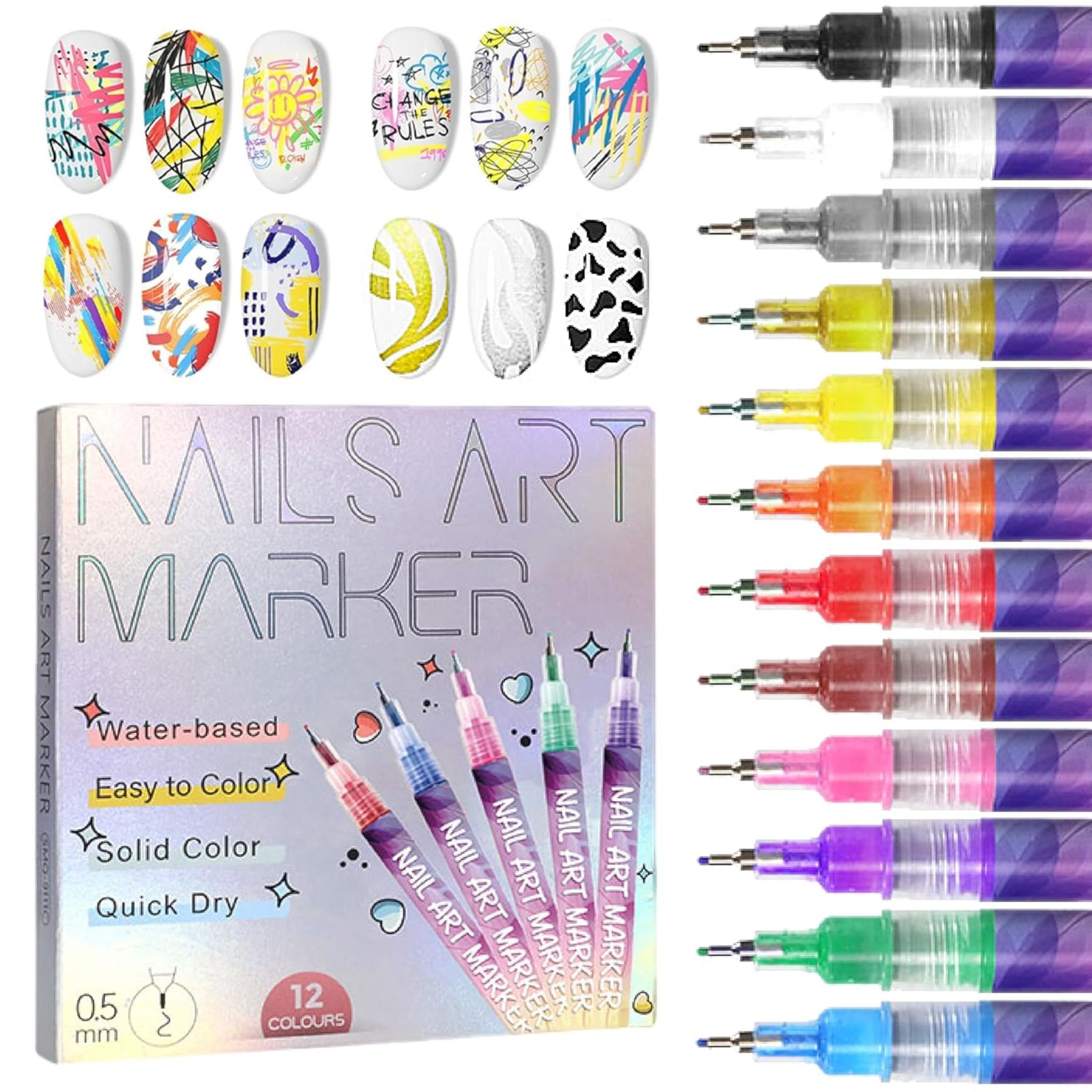 12 Colors Nail Art Pens Set with 0.5mm Fine Tip for Professional Nail Design and DIY Manicure