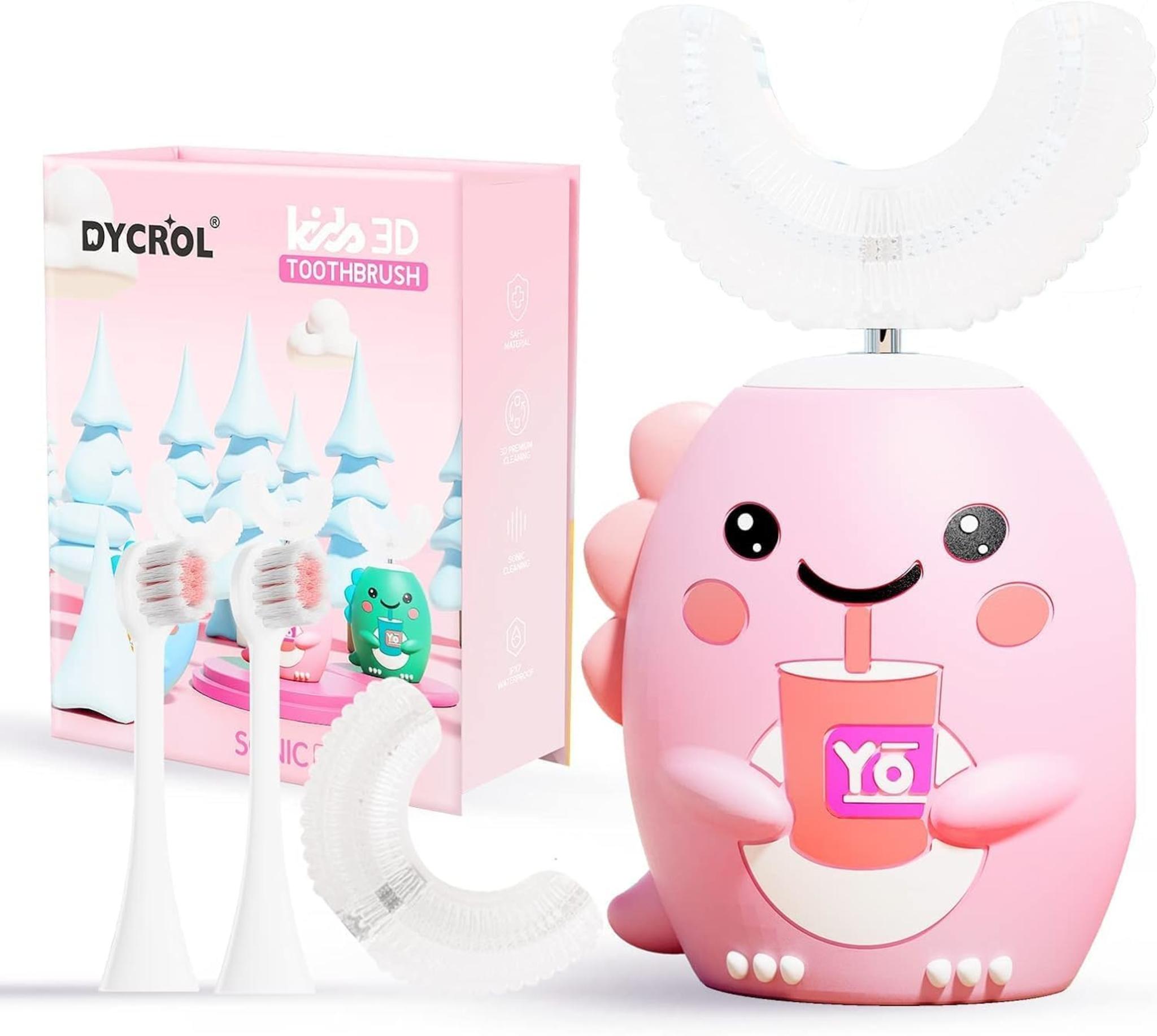 Kids U-Shaped Electric Toothbrush with 4 Brush Heads, 5 Modes, Cartoon Dinosaur Design, IPX7 Waterproof (Ages 2-6, Pink)