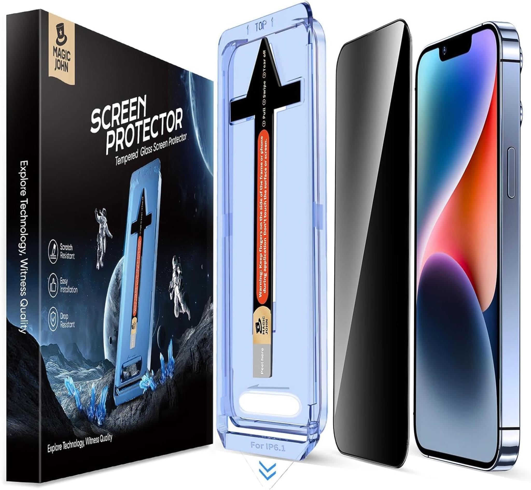 2-Pack Privacy Glass Screen Protector for iPhone 13/13 Pro/14/16e 6.1", Auto Dust Removal, Bubble-Free