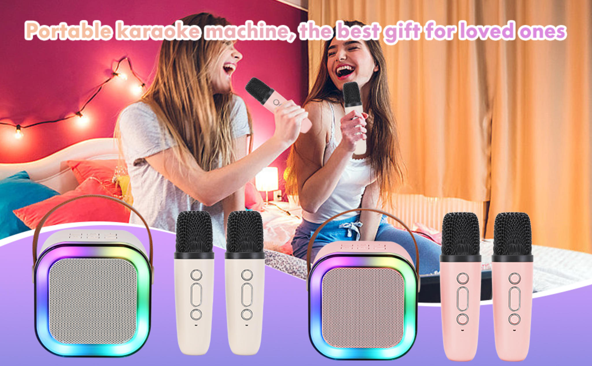 Portable Kids Karaoke Machine with 2 Wireless Mics & Light Effects image 9