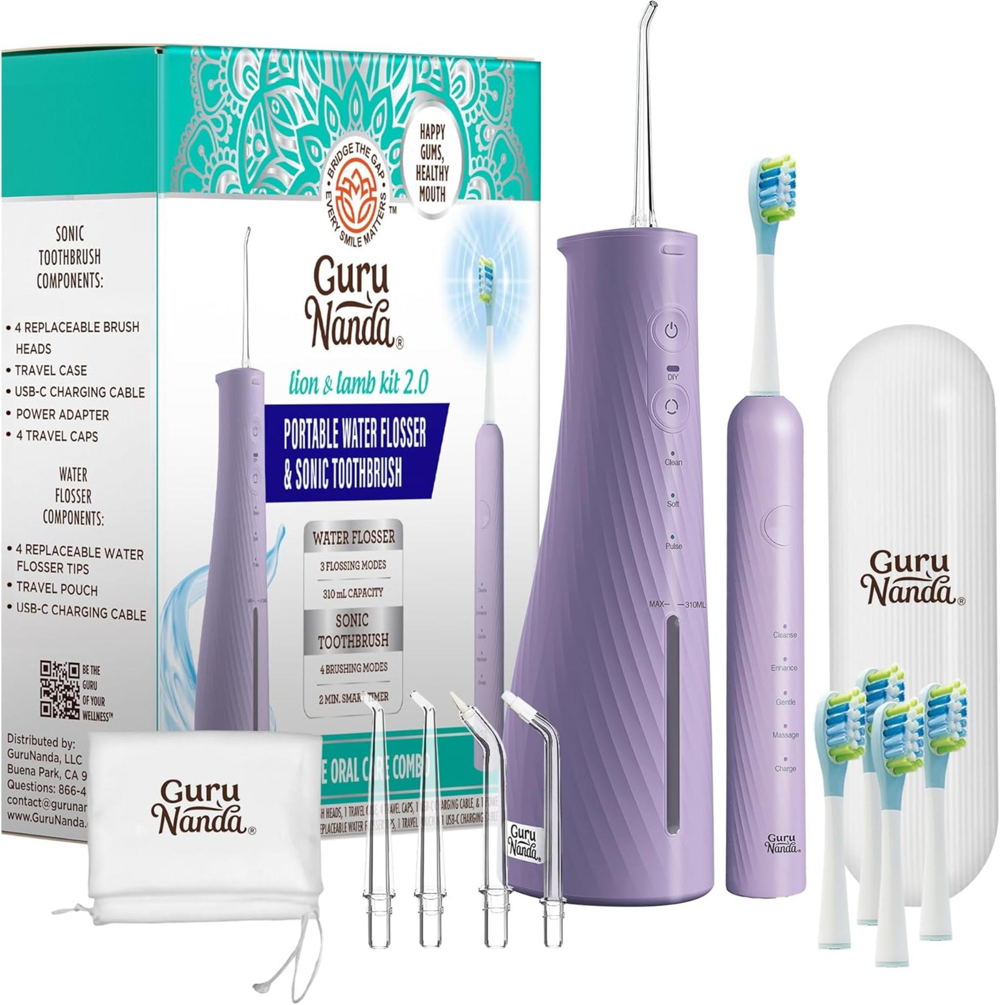 Electric Toothbrush & Water Flosser Combo, 4 Brush Heads, 4 Jet Tips, IPX7 Waterproof, Lavender
