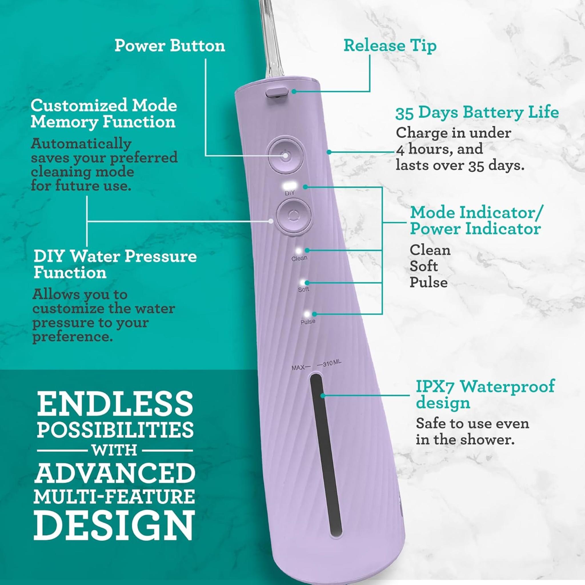 Electric Toothbrush & Water Flosser Combo, 4 Brush Heads, 4 Jet Tips, IPX7 Waterproof, Lavender