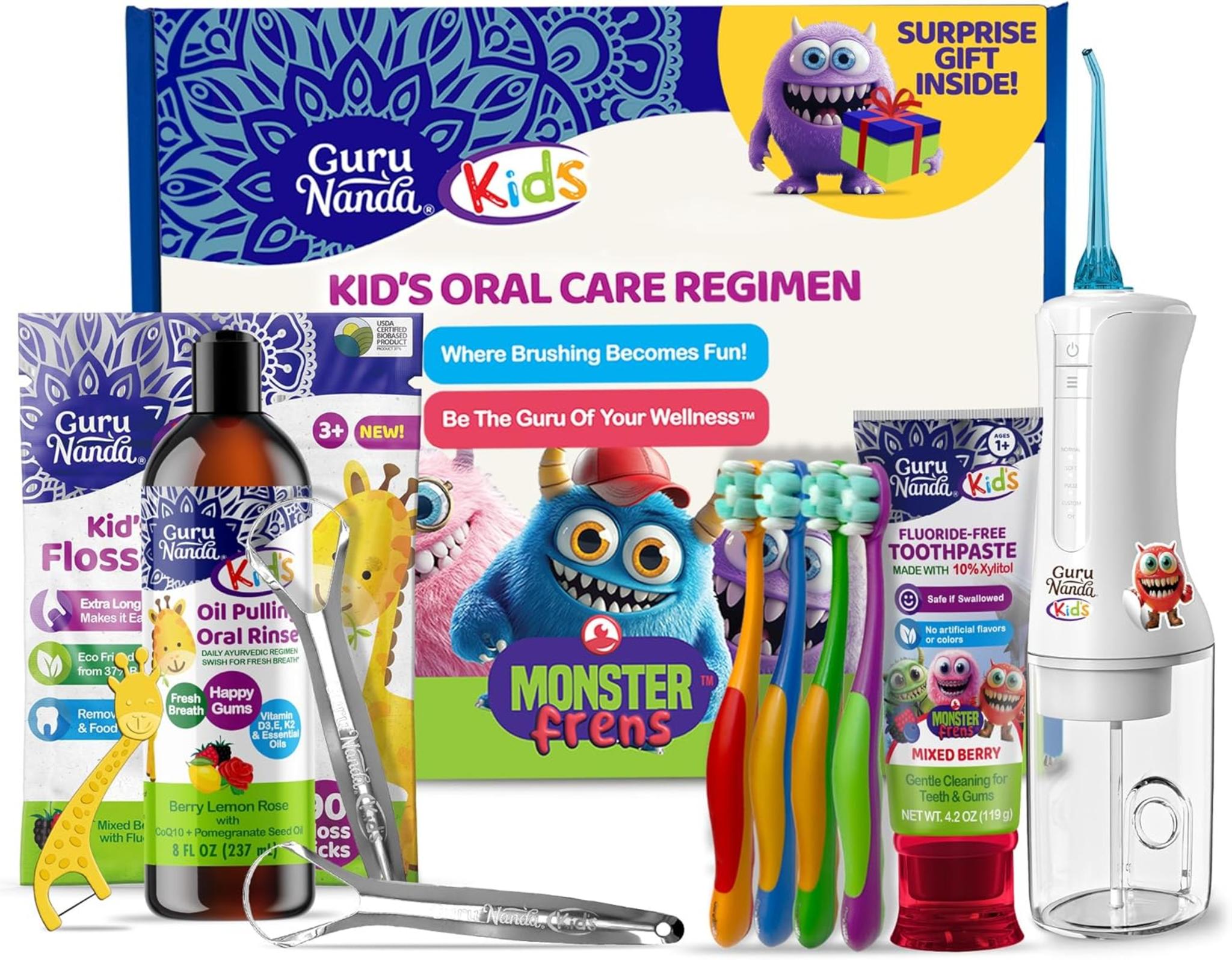 Kids Oral Care Kit with Toothpaste, Water Flosser, Oil Pulling Mouthwash & Floss Picks
