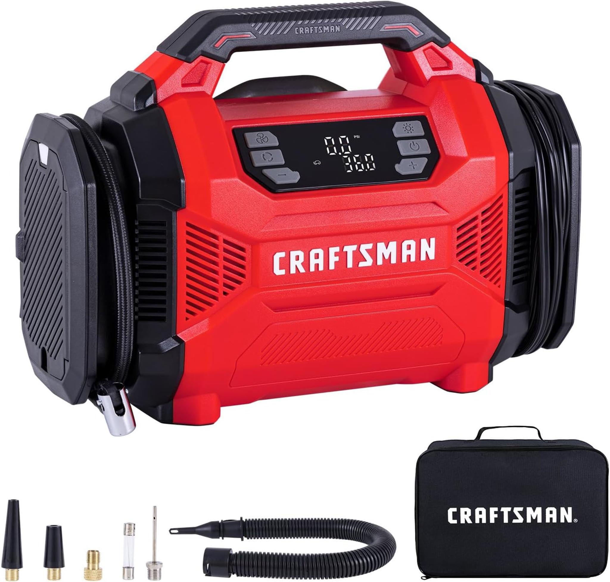 CRAFTSMAN Tire Inflator, Portable Air Compressor 150 PSI, Dual Power 12V DC/120V AC, Auto Shut-Off with Digital Gauge, 2-in-1 Inflator & Blower, LED Light for Car, Bike, and Inflatables